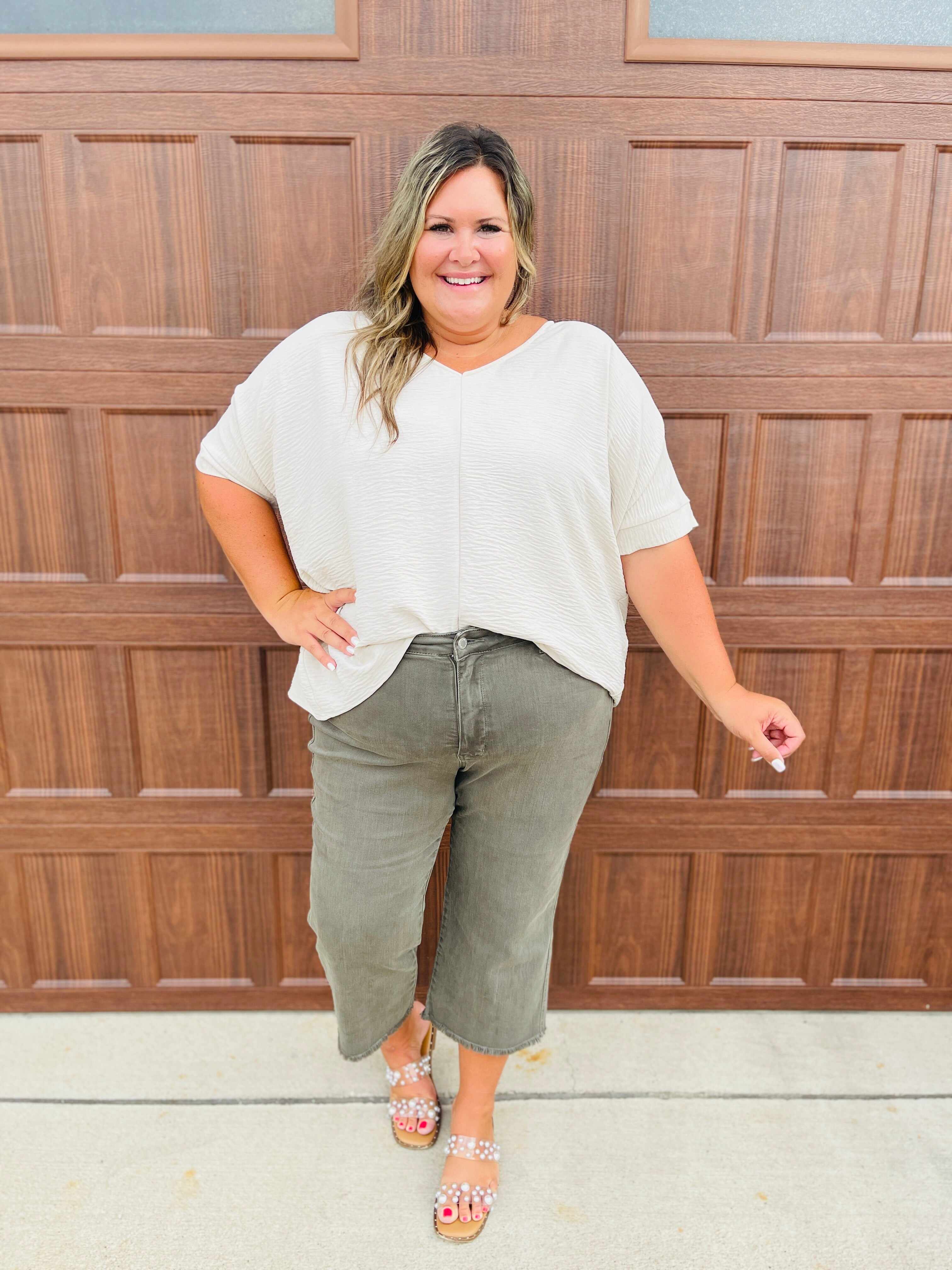 REG/CURVY Olive You Tummy Control Garment Dyed Wide Leg Cropped Jeans