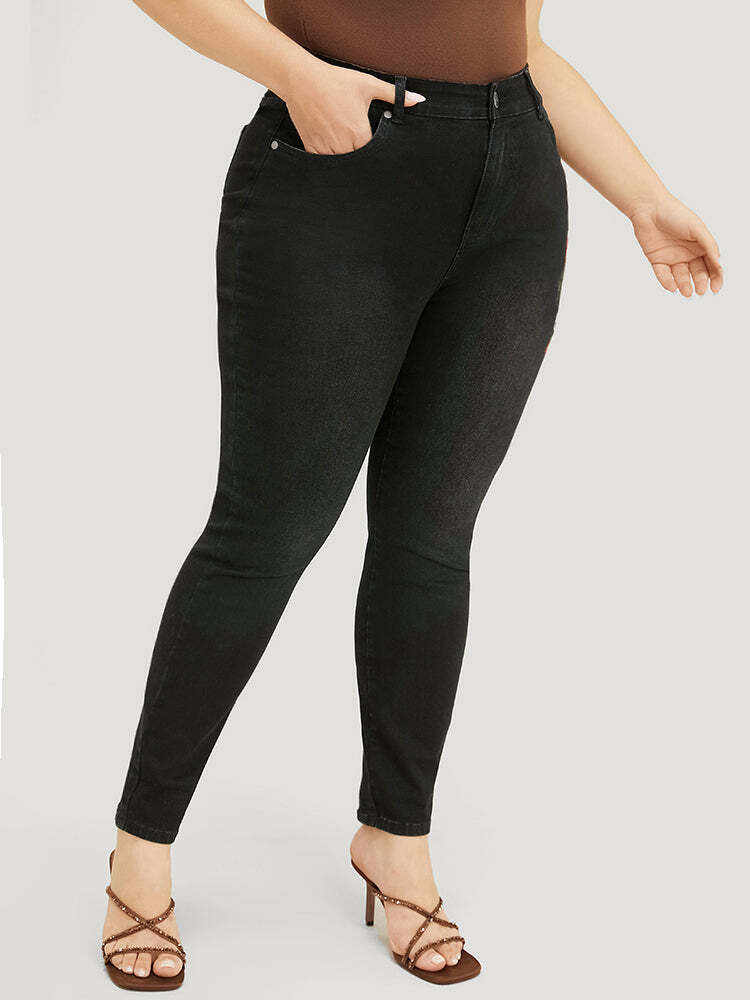 Very Stretchy High Rise Black Wash Floral Embroidered Jeans