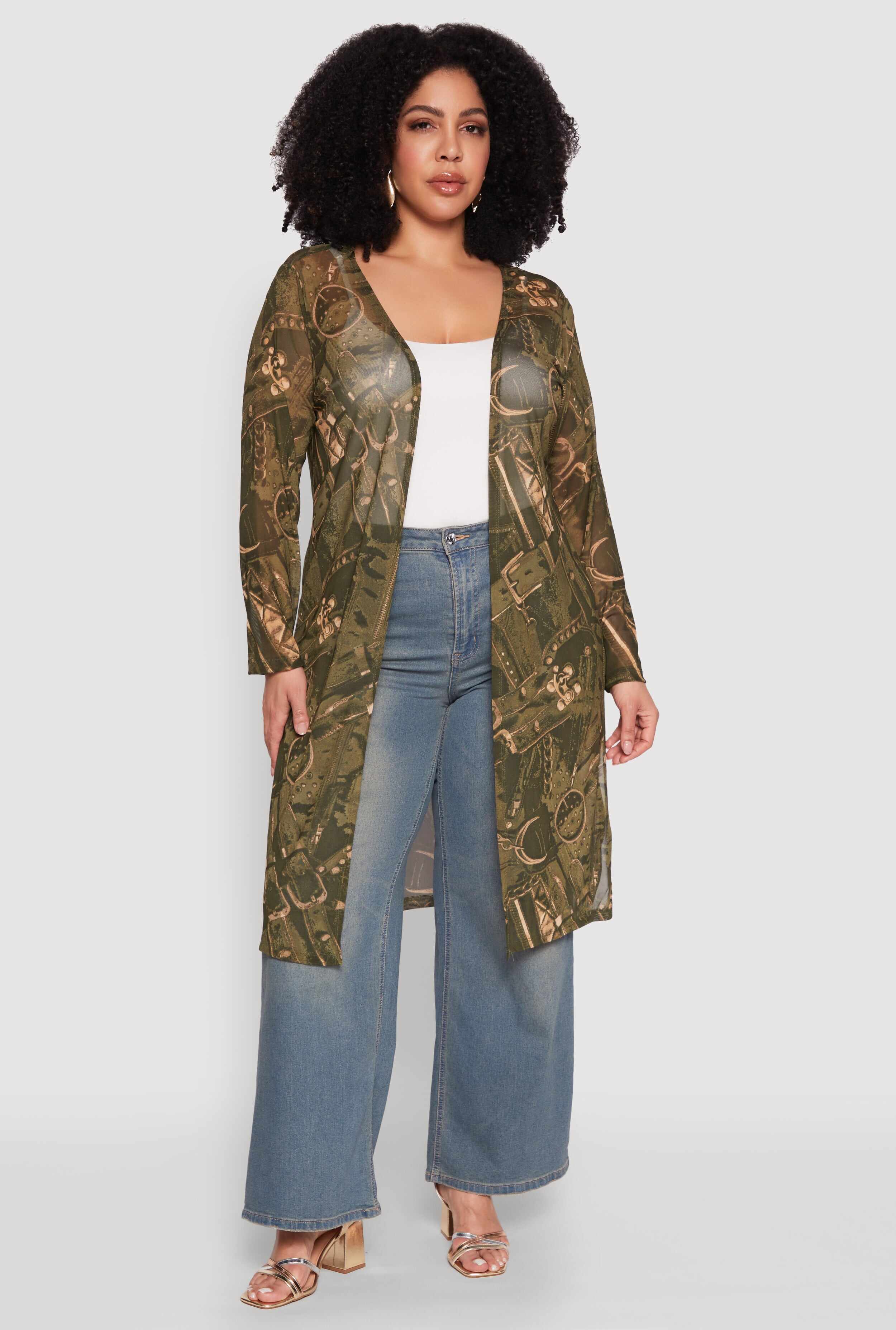 Plus Size Buckle Belt Print Mesh Duster