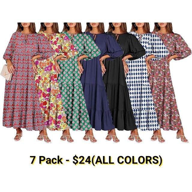 🔥2025 CRAZY DEAL🔥Summer V Neck Puff Sleeve Floral Flowy Swing Casual Long Dress