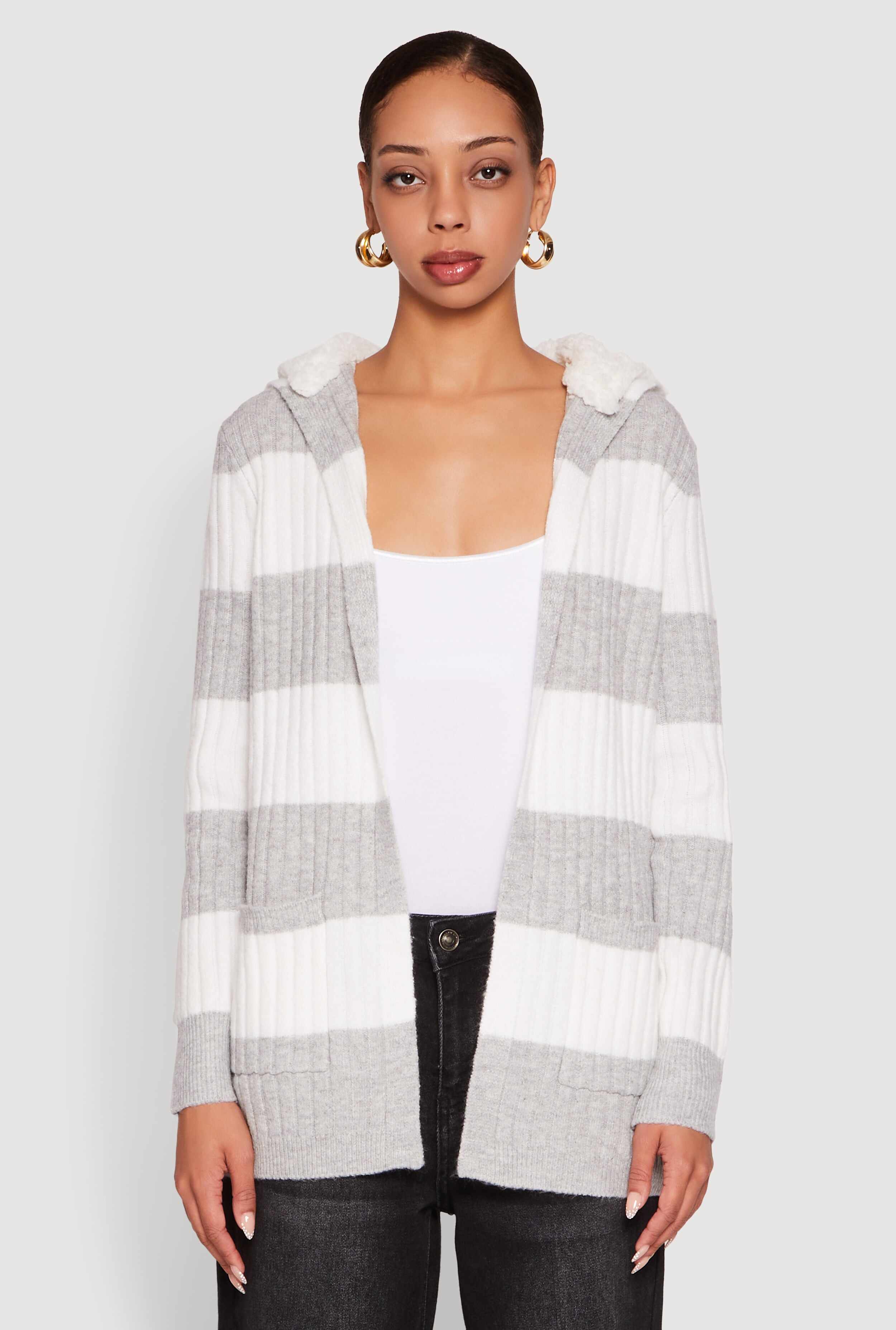 Madden Girl Striped Sherpa Lined Hooded Cardigan