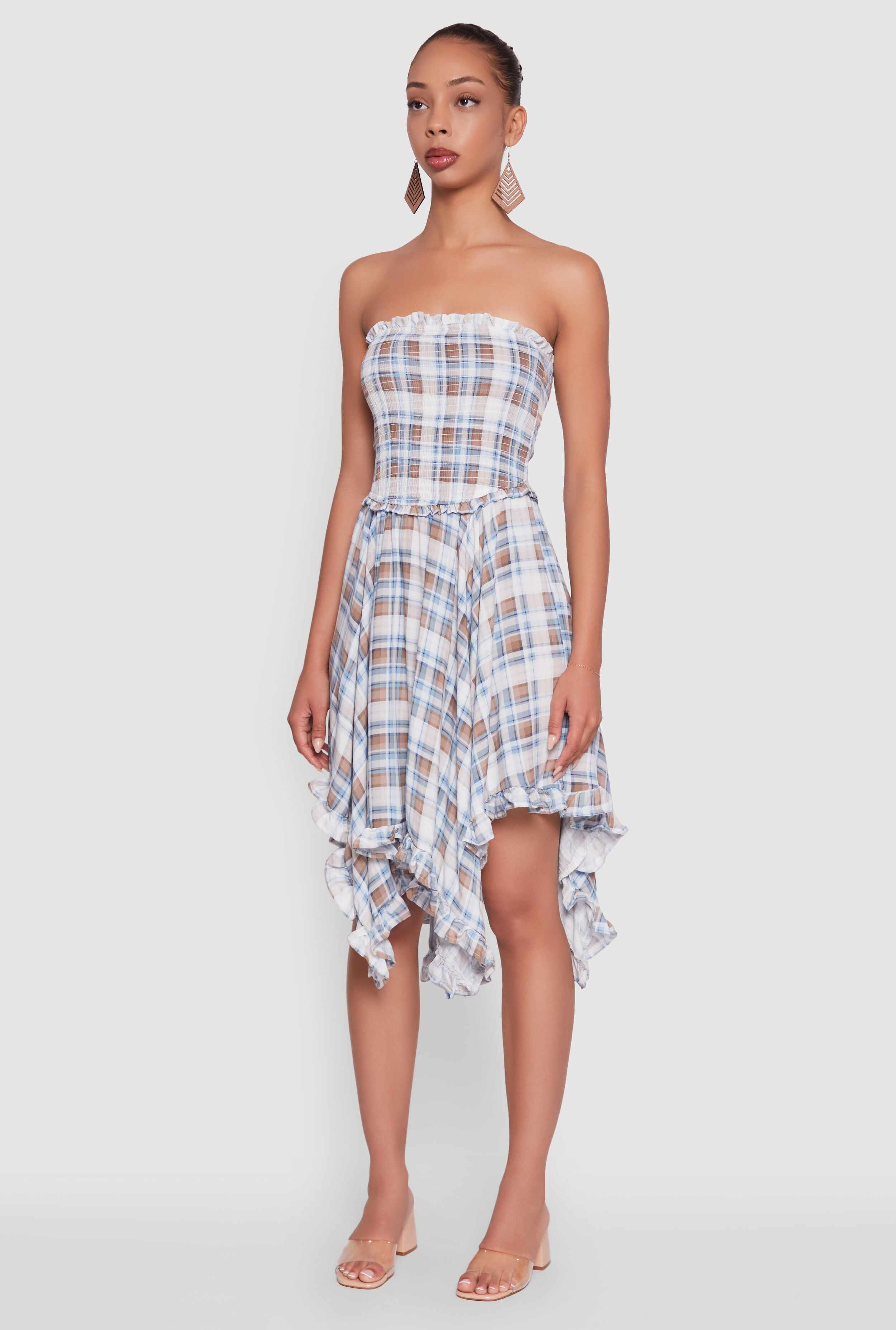 Plaid Smocked Handkerchief Hem Tube Dress