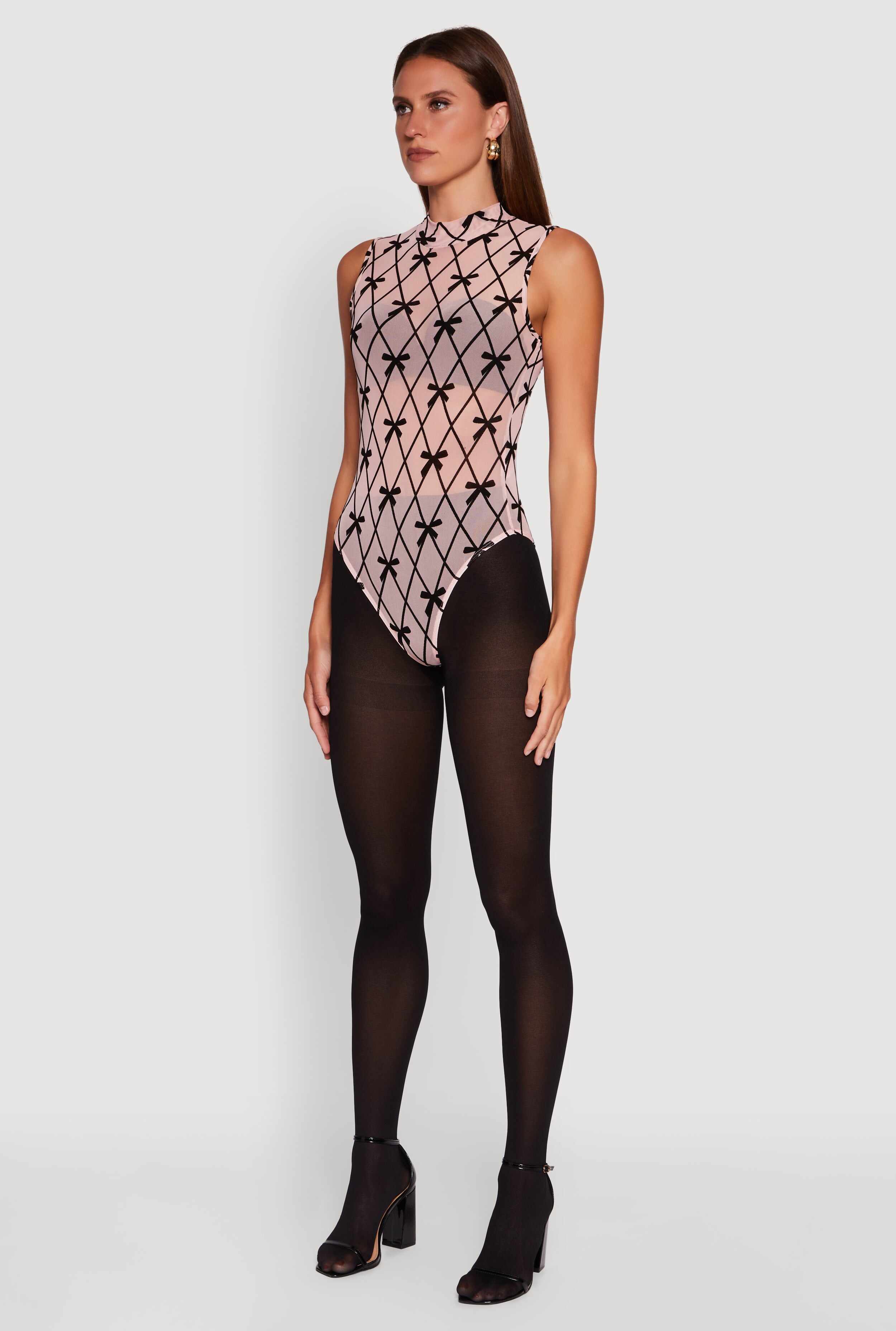 Sleeveless Mock Neck Velvet Burnout Patterned Mesh Bodysuit