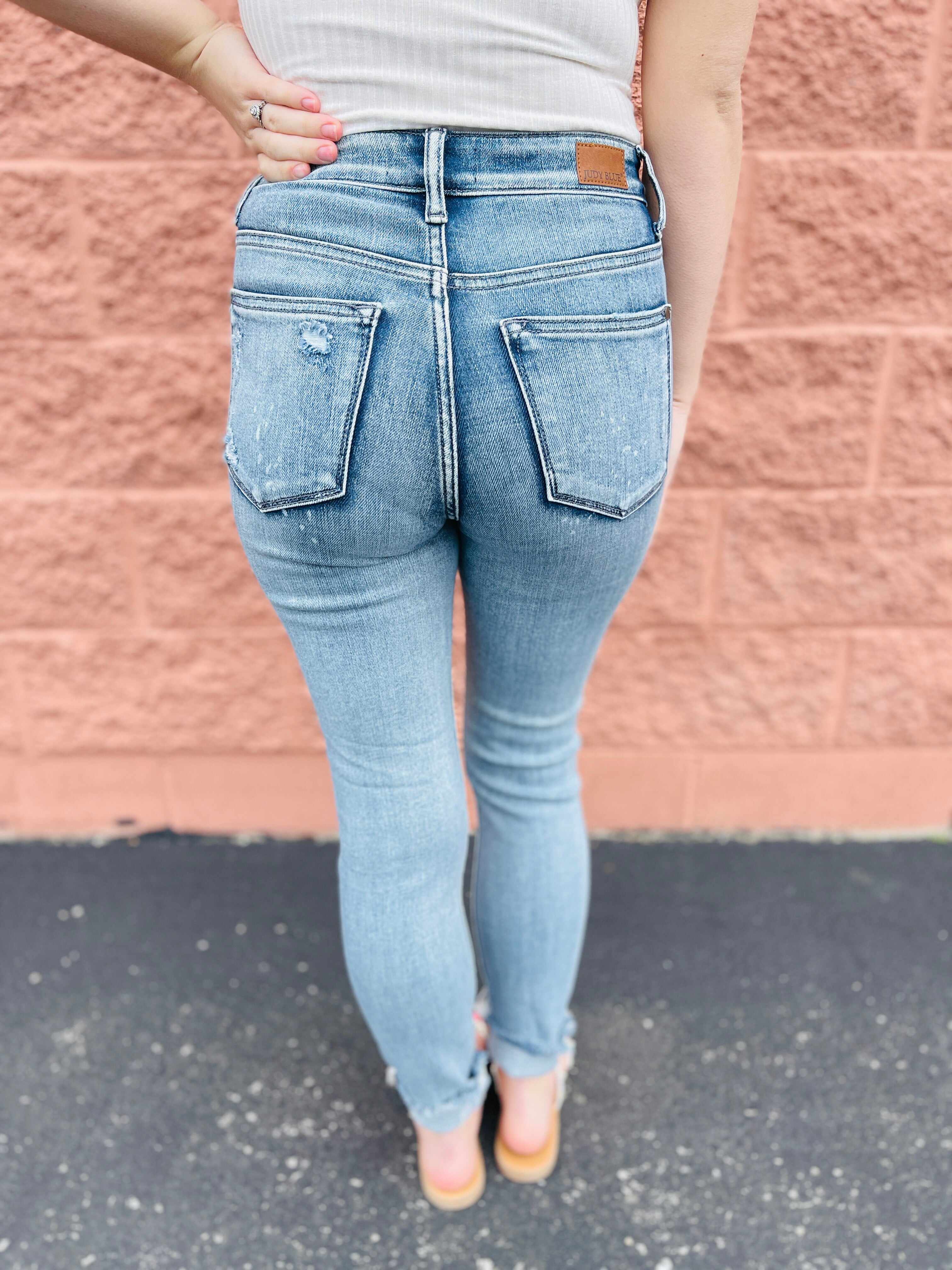 RESTOCK PLUS/REG Not A Basic Bleach Splatter Button Fly Skinny Jeans