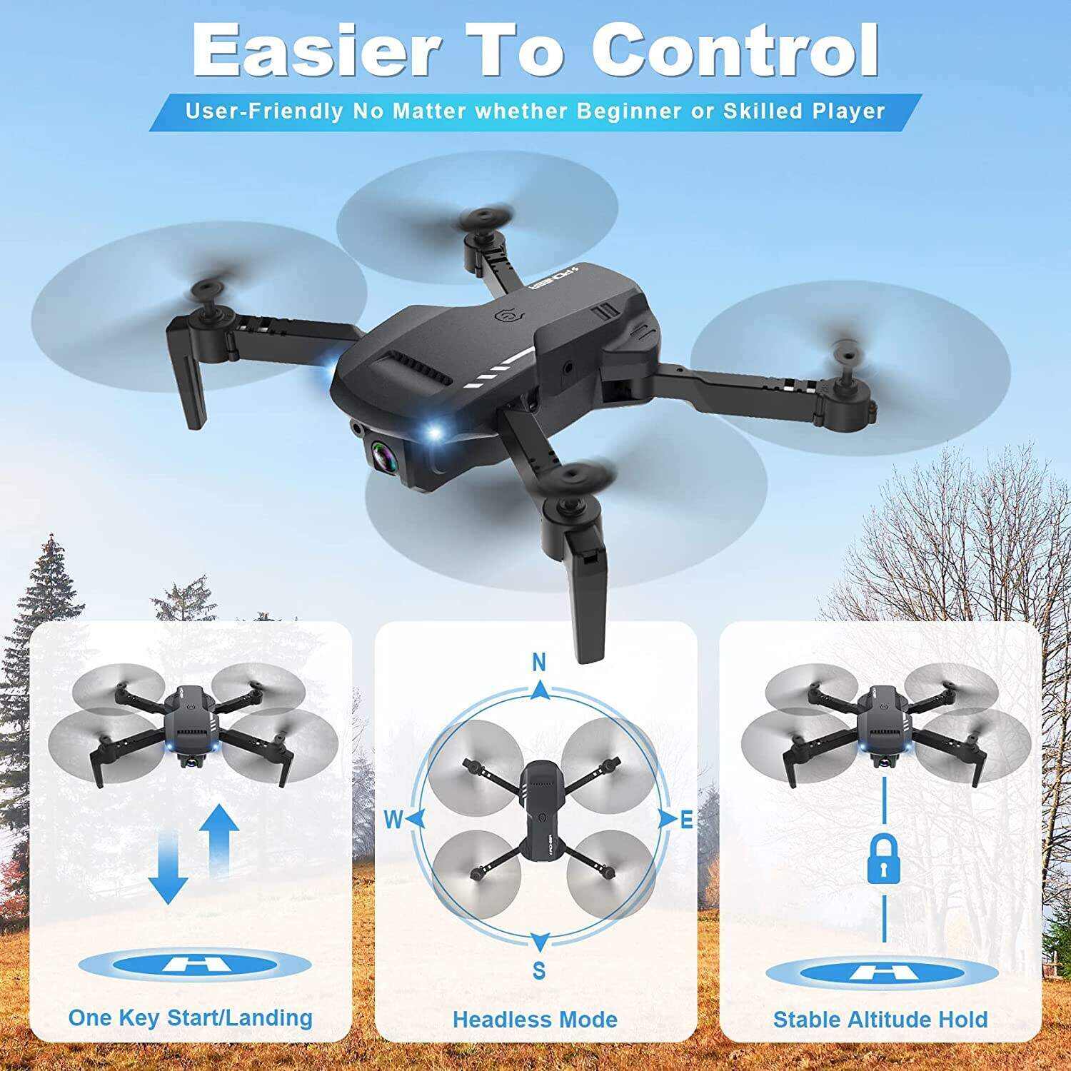 Mini Drone with Camera - 1080P HD FPV Foldable Drone with Carrying Case, 2 Batteries, 90° Adjustable Lens, One Key Take Off/Land, Altitude Hold, 360° Flip, Toys Gifts for Kids and Adults