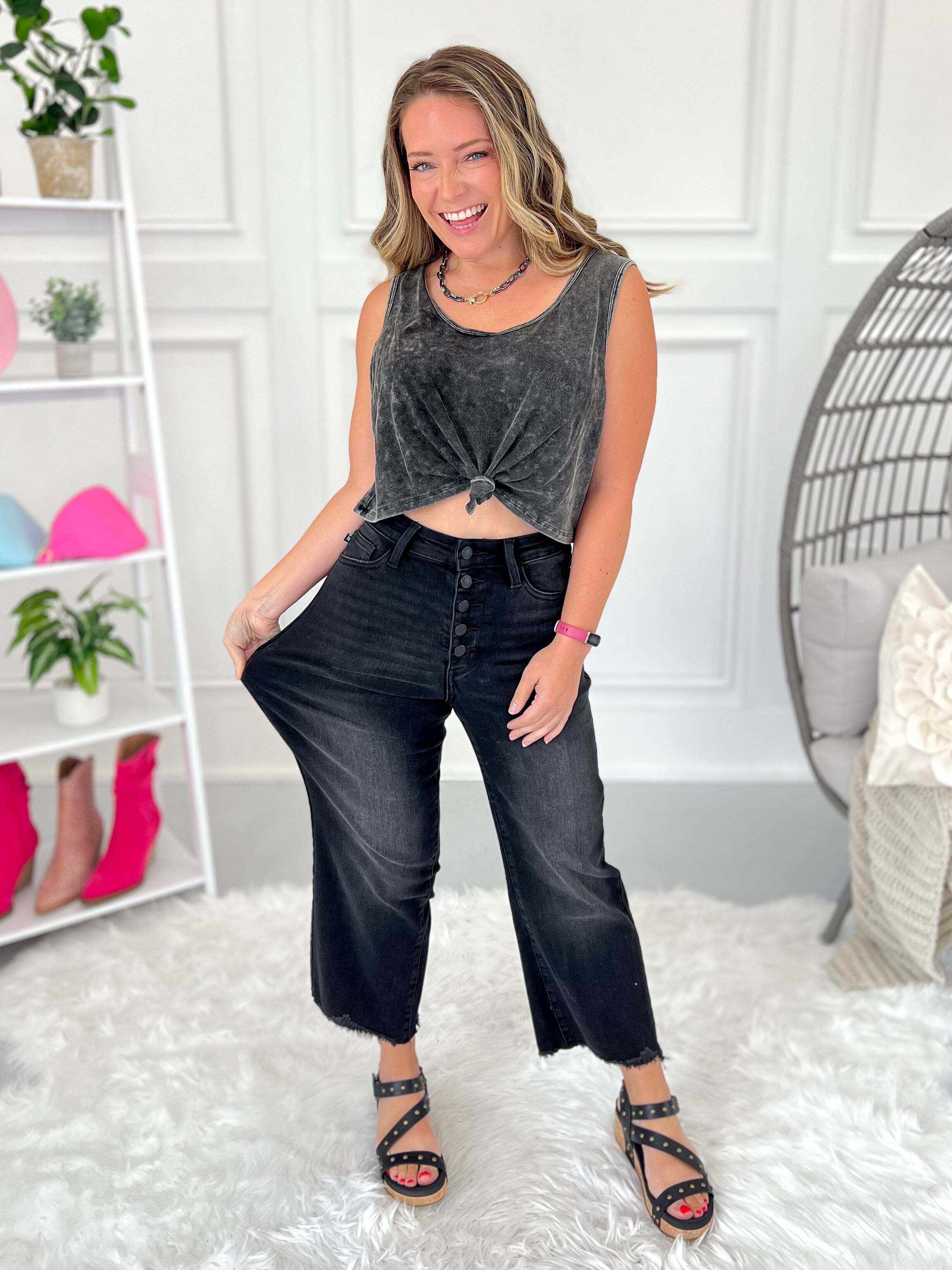 Ready To Rock - Christmas Button Fly Cropped Wide jeans- Final Sale