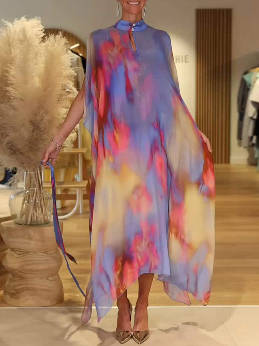 🔥Summer Arrivals🌟Women's Colorful Tie-Dye Stand Collar Sleeveless Casual Loose Chiffon Dress