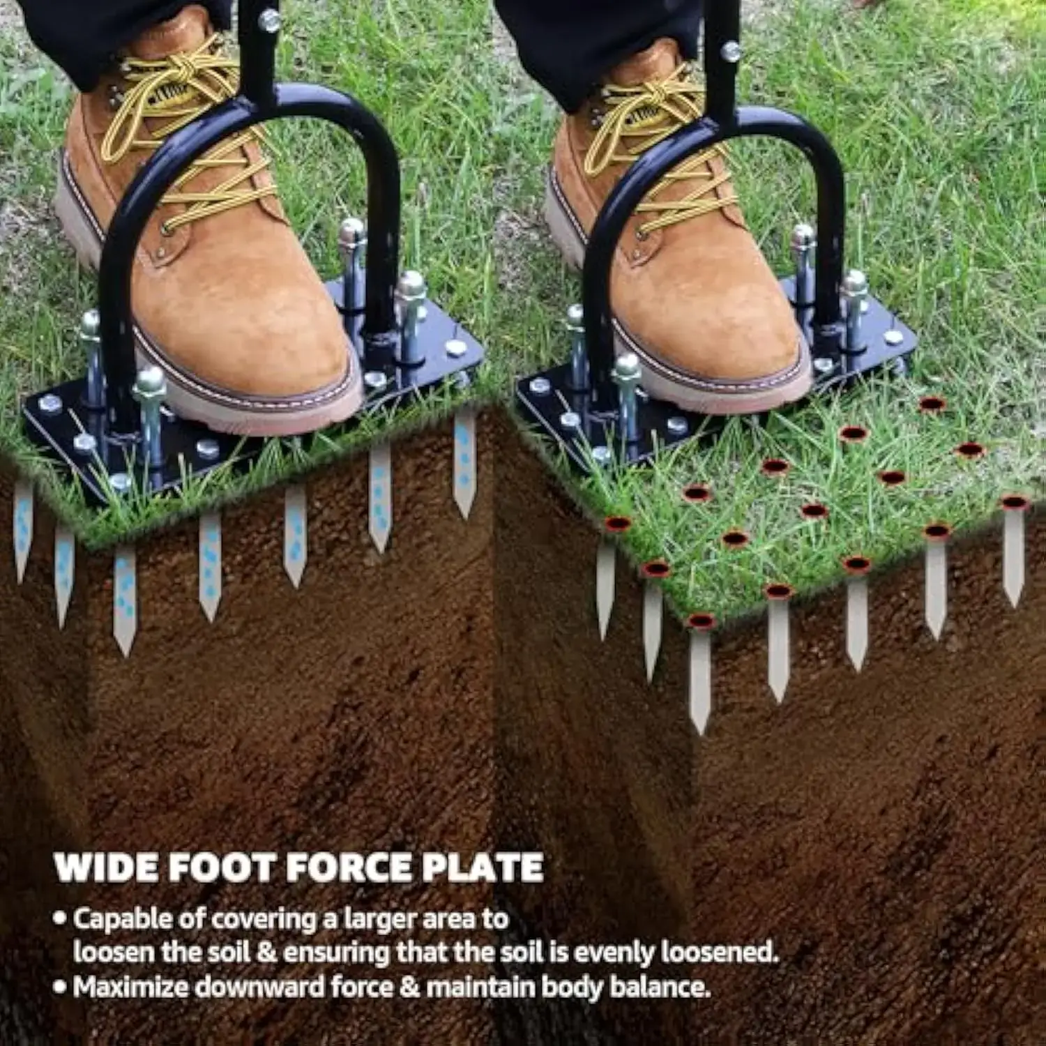 【FathersDayGift】 Lawn Aerator - Aerator Lawn Tool, Automatic Dirt and Leaf Clean Design, Heavy Duty Manual Lawn Aerator Tool with 15 Iron Spikes, Height Adjustable, Yard Grass Aerator for Lawn (Black)