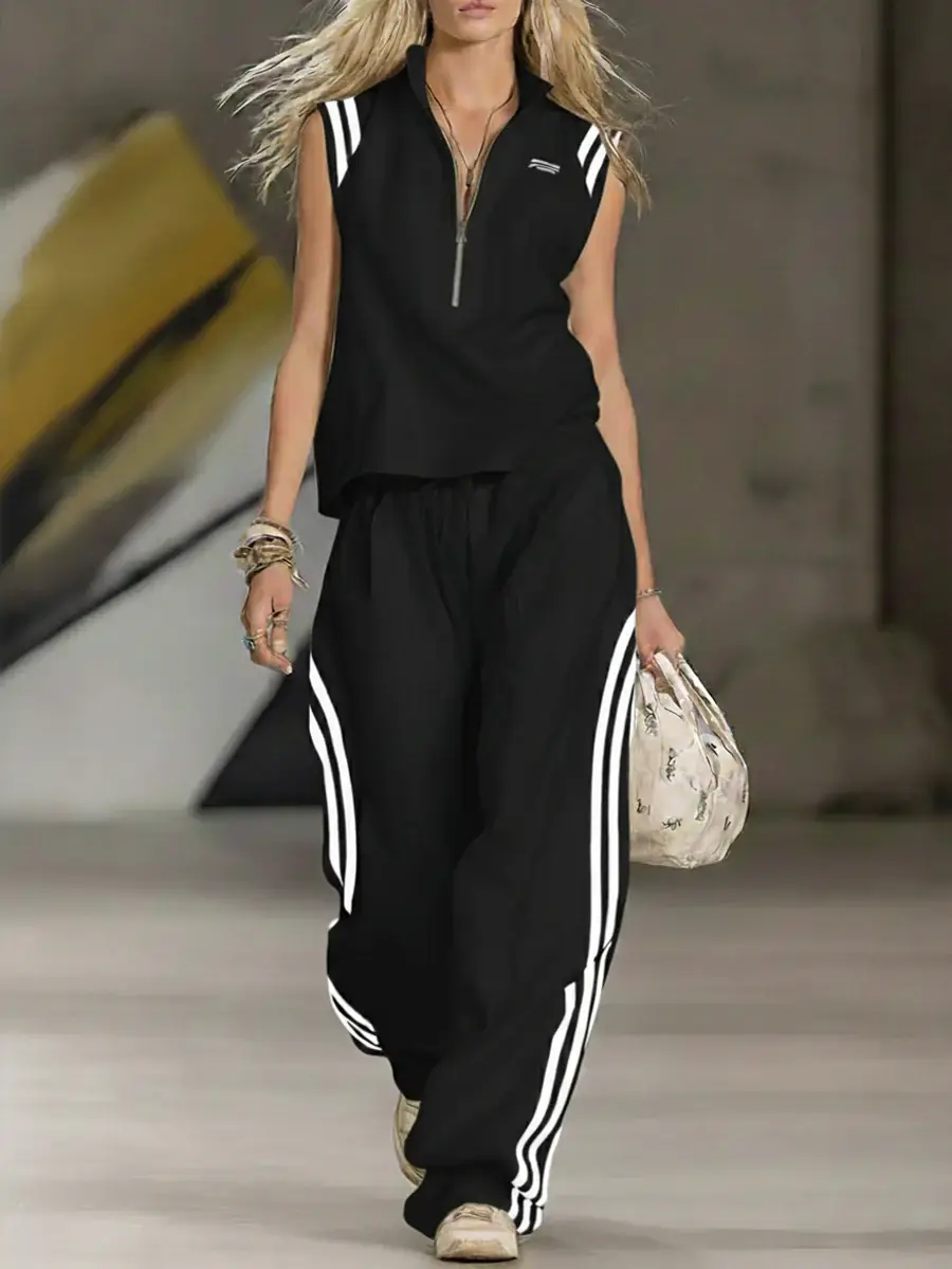 🔥Summer Arrivals🌟Women's Casual Patchwork Striped Zip-up Top And Pants Two-piece Set