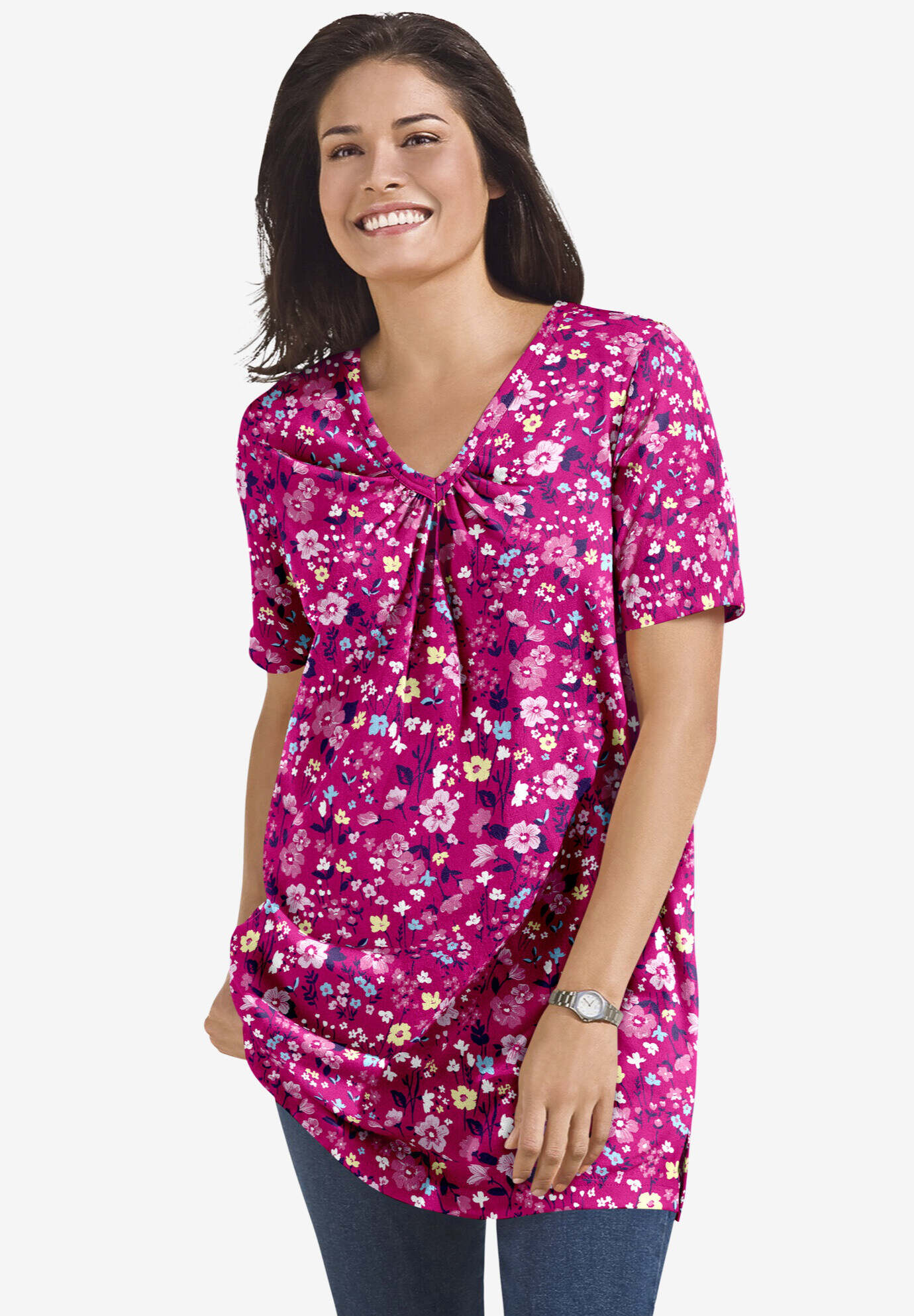 Perfect Printed Short-Sleeve Shirred V-Neck Tunic