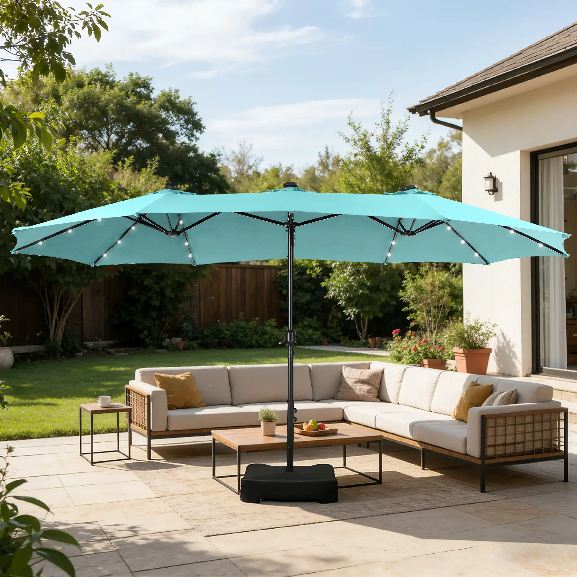 15ft Large Outdoor Patio Umbrella with Base – LED Light Option, Double-Sided, Crank Handle, Waterproof，Comes with Weighted Base and Sandbag, Accommodates 10 People, Great for Poolside, Garden, Lawn, Backyard, Deck and Beach