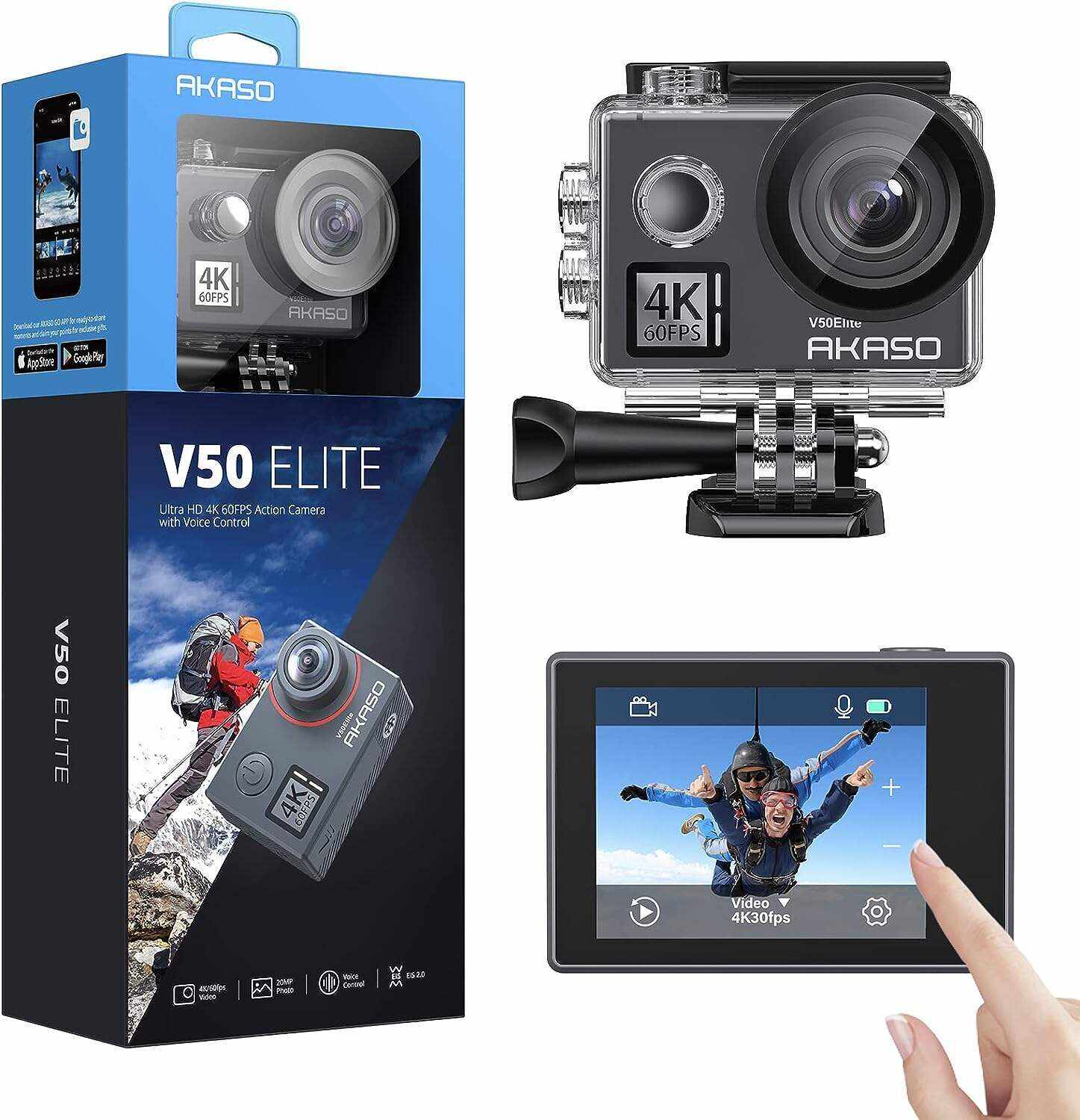 AKASO V50 Elite 4K60fps Touch Screen WiFi Action Camera Voice Control EIS 131 feet Waterproof Camera 8X Zoom Remote Control Supports External Mic Sports Camera with Helmet Accessories Kit