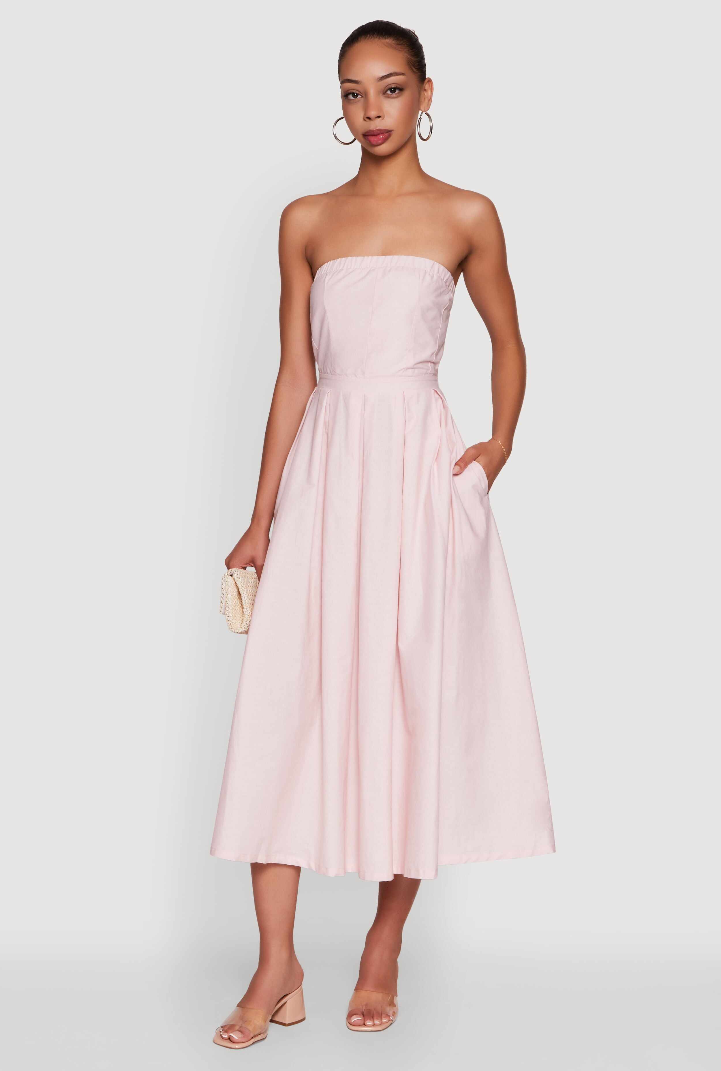 Haute Monde Strapless Pleated Midi Dress with Zip Back