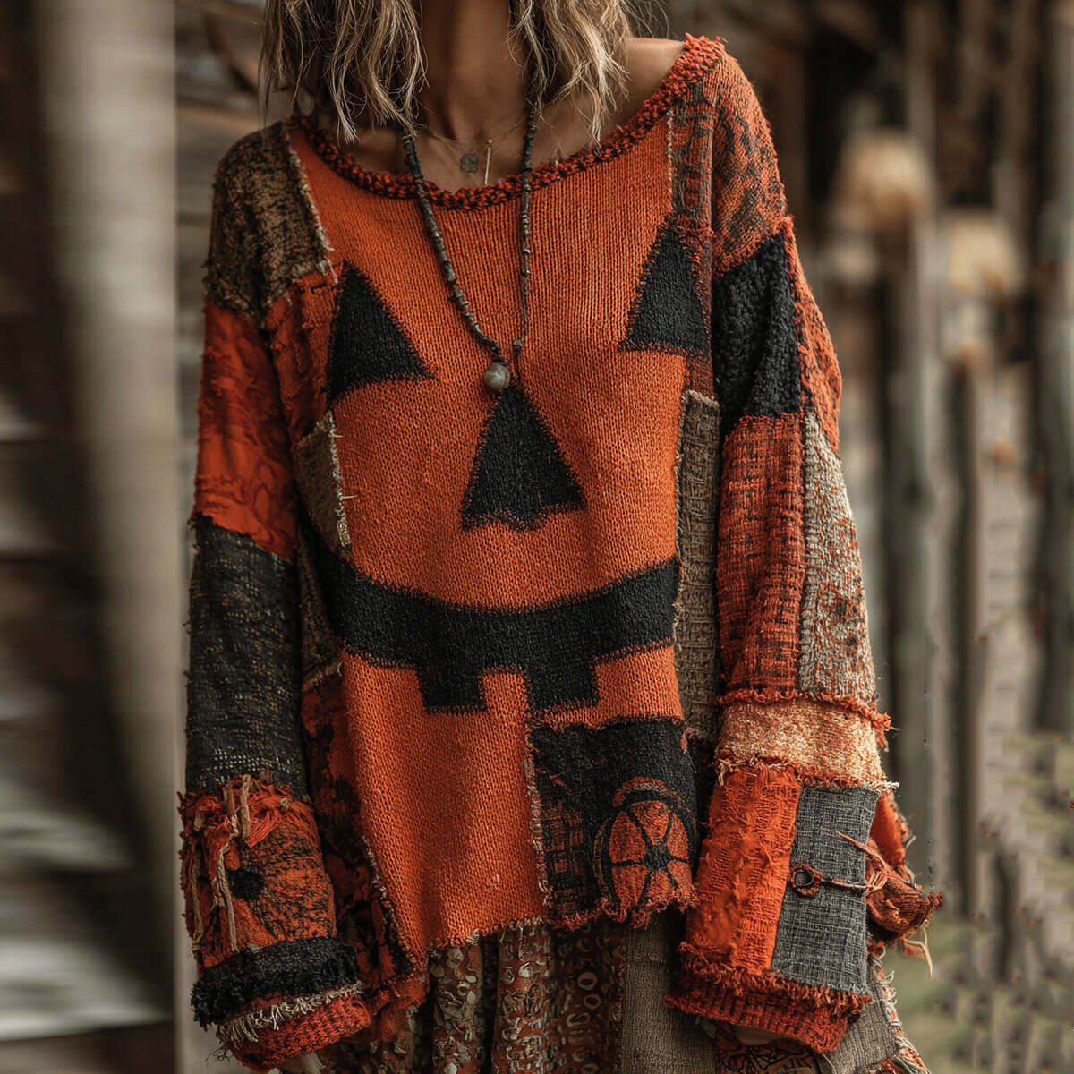 Halloween Pumpkin Face Art Cozy Knit Sweater