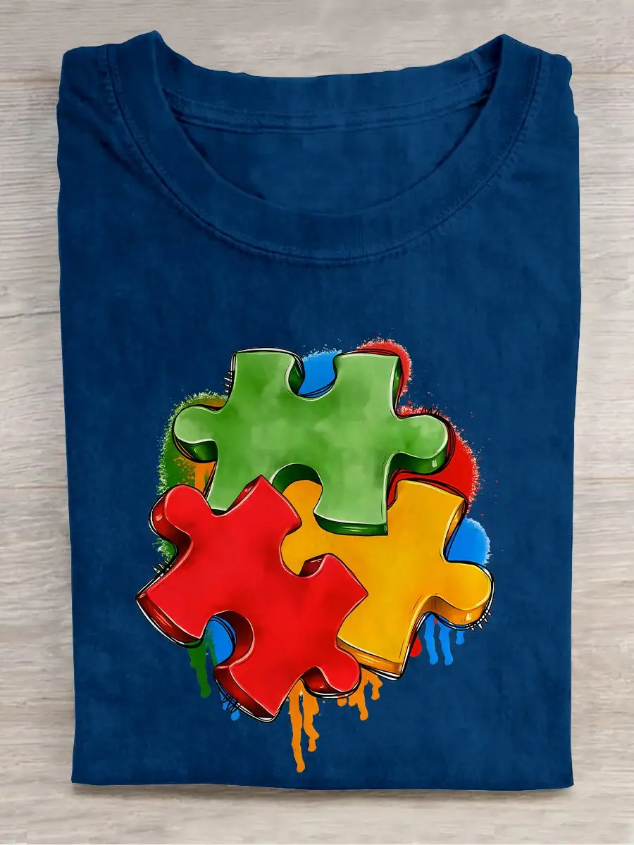 Autism Puzzle Piece Autism Awareness Casual Print T-shirt