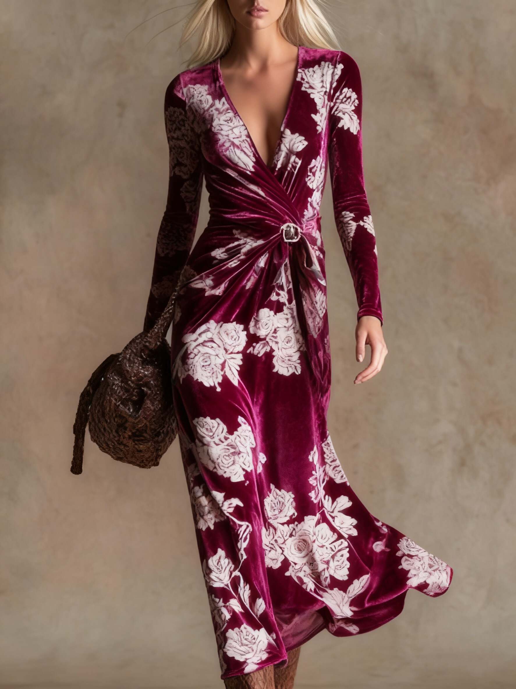 Elegant vintage print V-neck velvet maxi dress