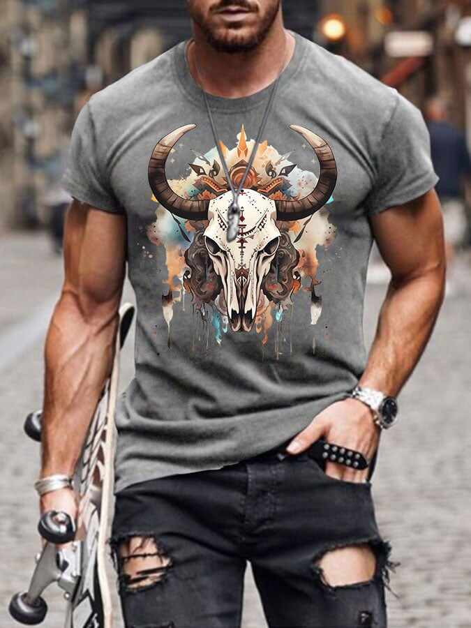 Men's Western Cow Skull Print T-Shirt