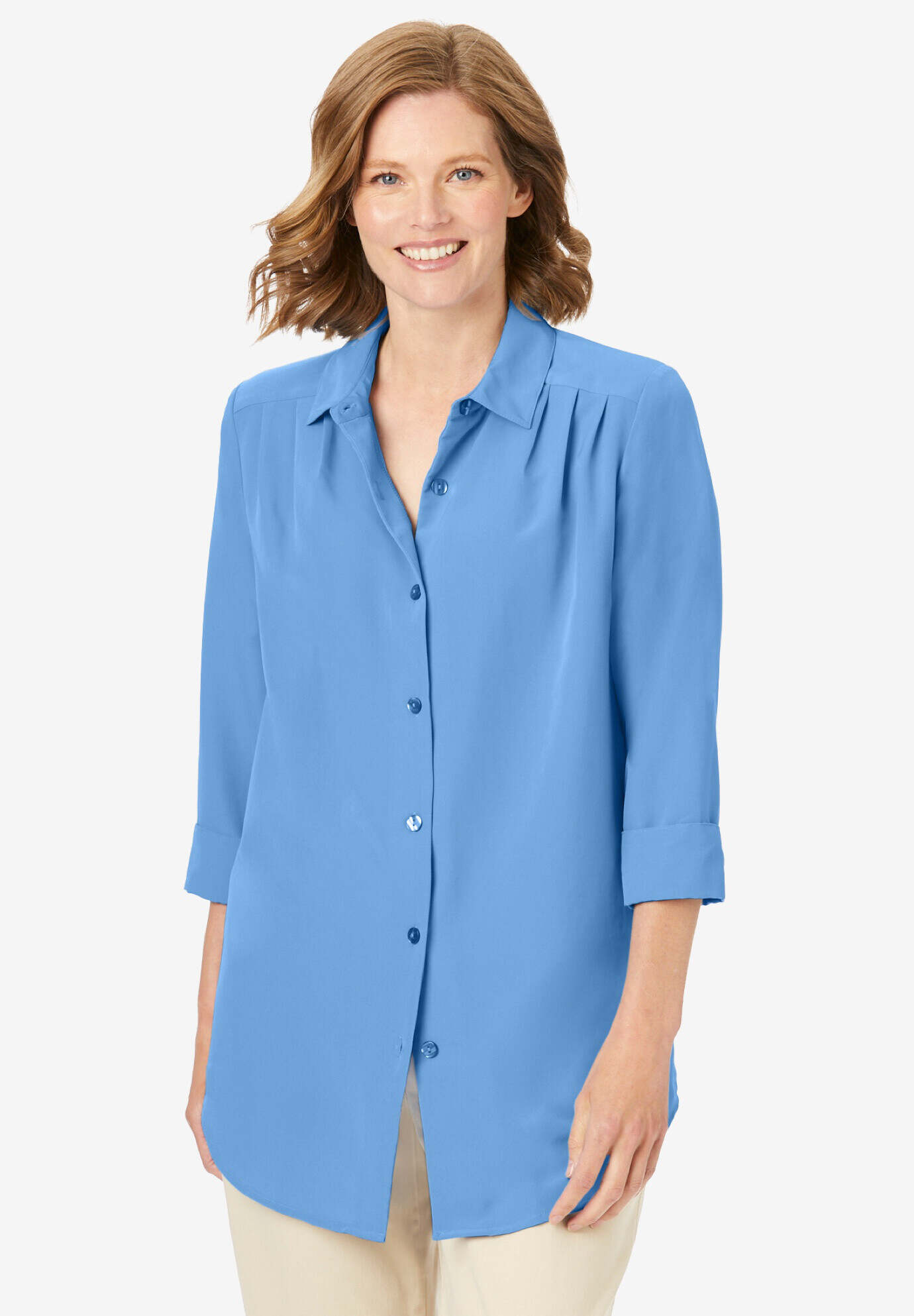 Three-Quarter Sleeve Peachskin Button Front Shirt