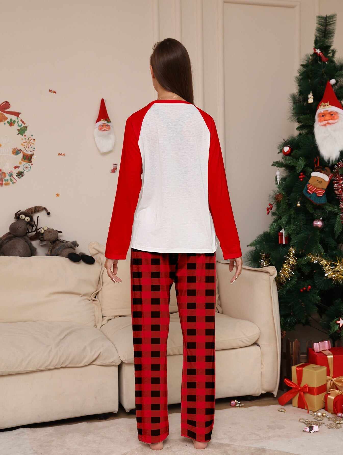 Santa Red Plaid Print Family Holiday Pajama Set