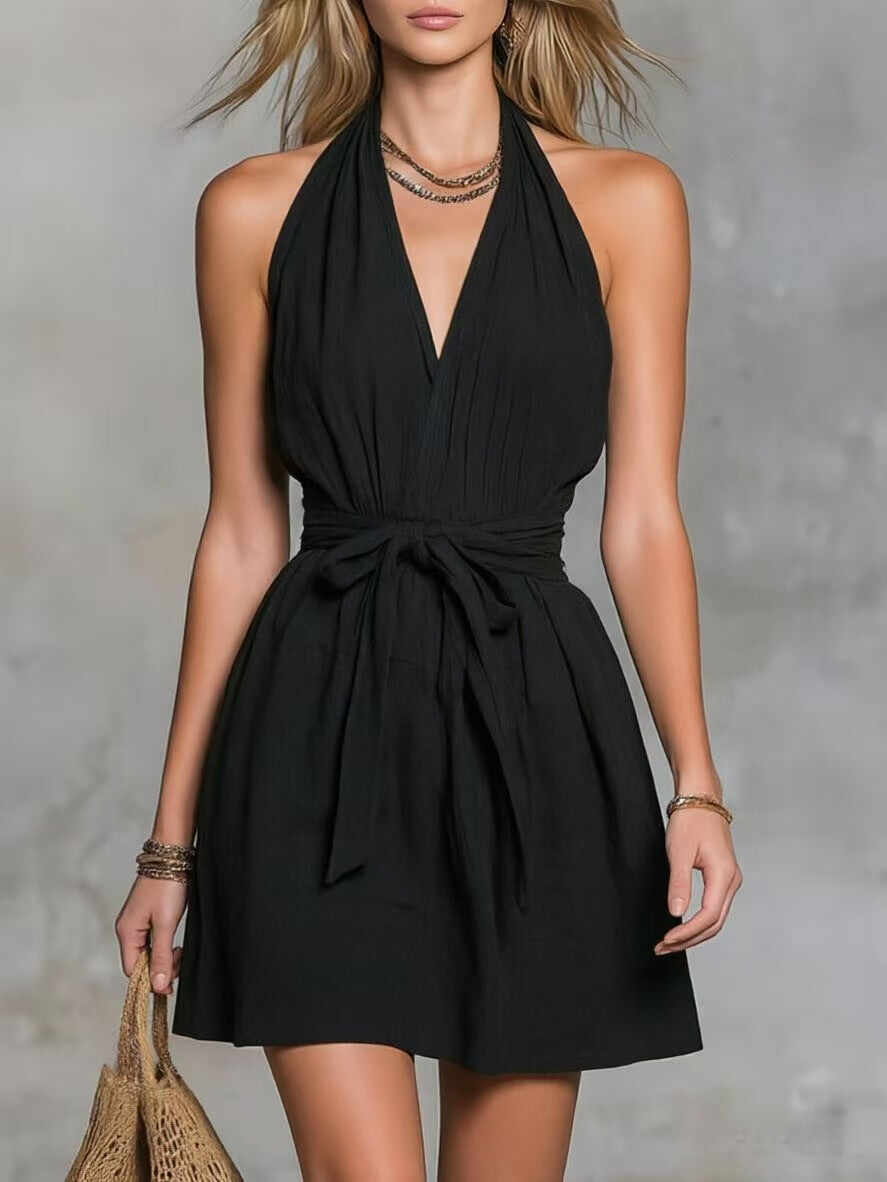 Halter Neck V-Neck Waist Tie Casual Holiday Women'S Dress