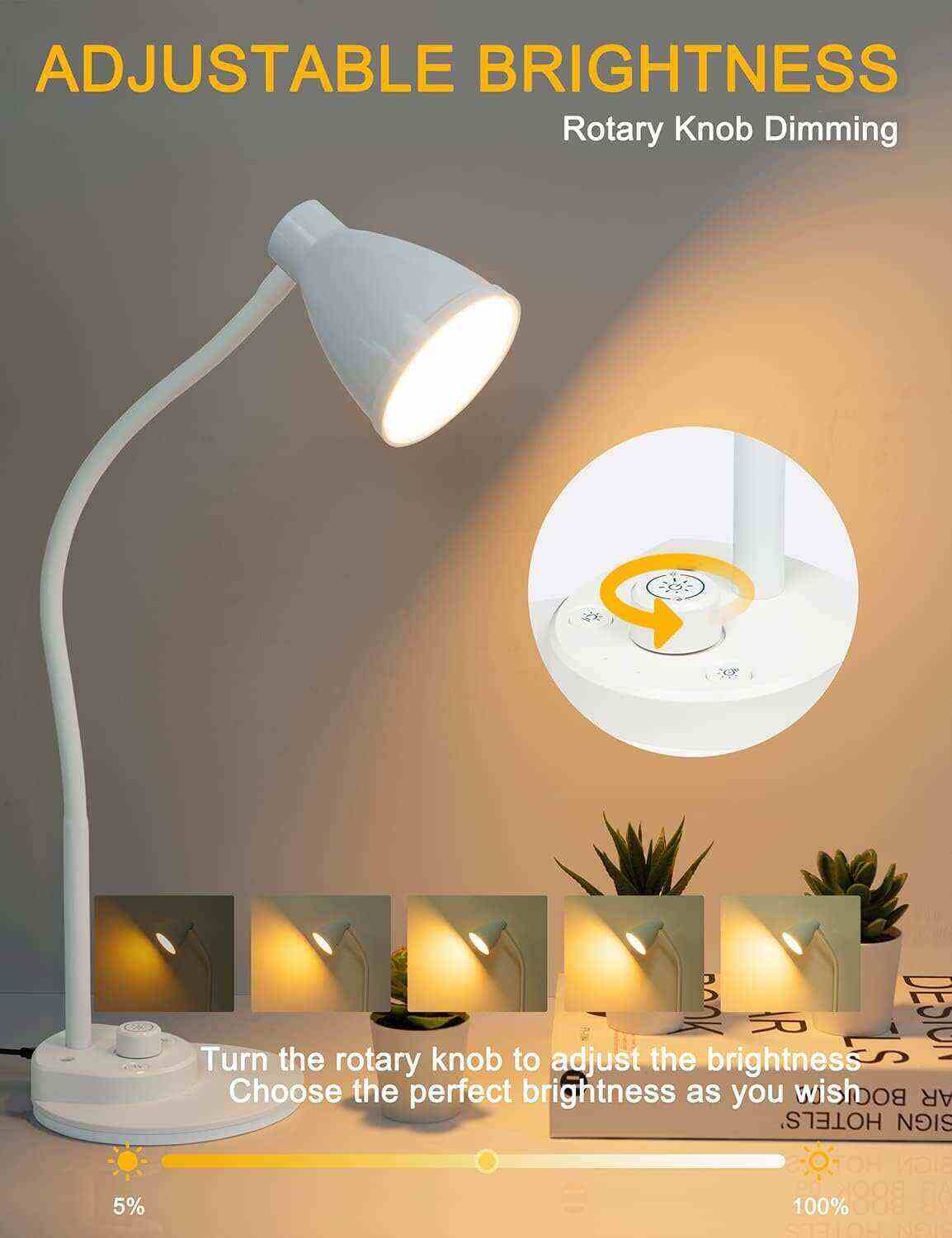 BOHON LED Desk Lamp with USB Charging Port 3 Color Modes Dimmable Reading Light Intelligent Induction Auto Dimming Task Lamp Flexible Gooseneck Table Lamp for Bedside Office, AC Adapter Include