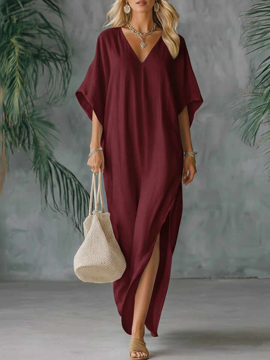 🔥Summer Arrivals🌟Women's Solid Color V-neck 3/4 Sleeve Casual Loose Cotton And Linen Dress