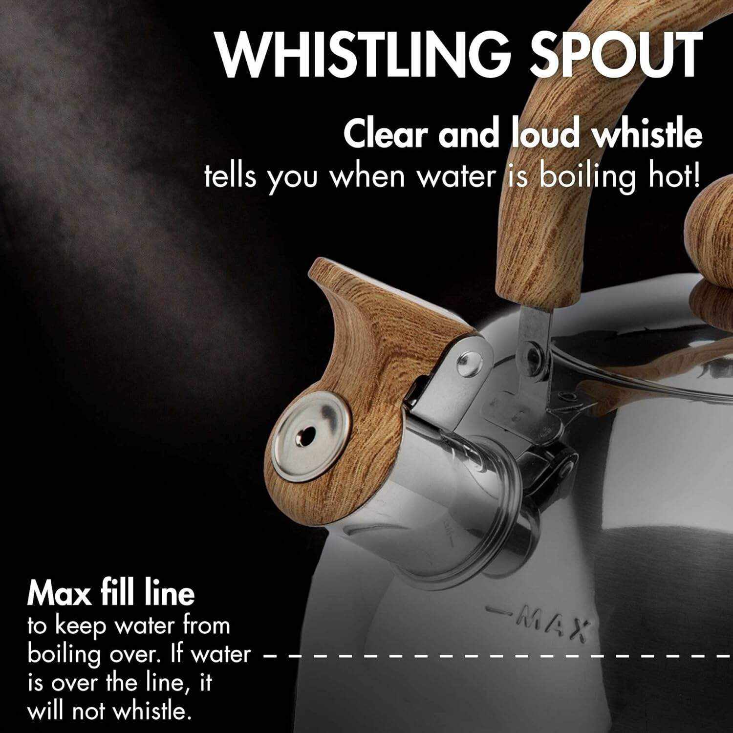 Primula Stewart Whistling Stovetop Tea Kettle Food Grade Stainless Steel, Hot Water Fast to Boil, Cool Touch Folding, 1.5-Quart, Brushed with Black Handle