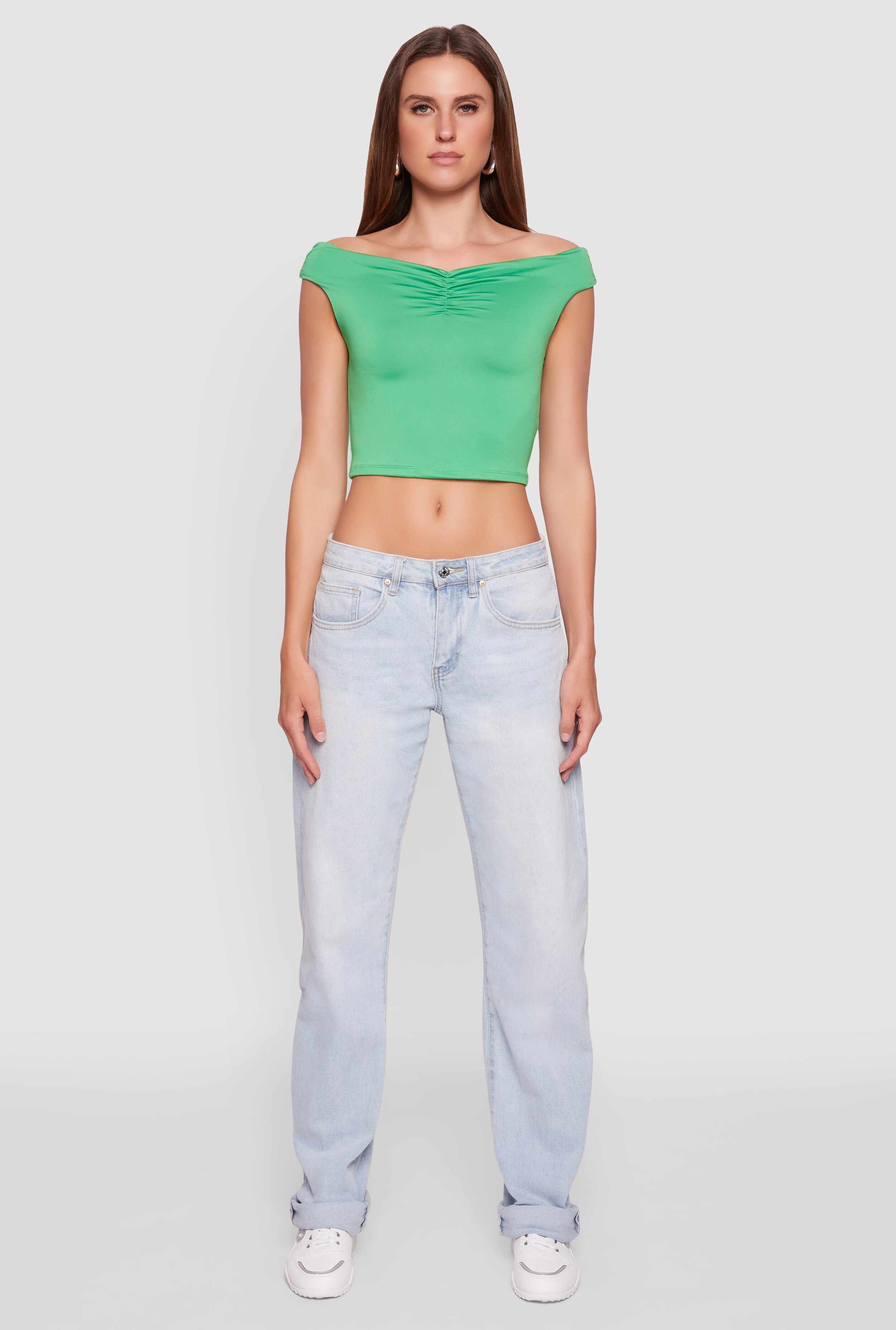 Solid Ruched Off Shoulder Crop Top