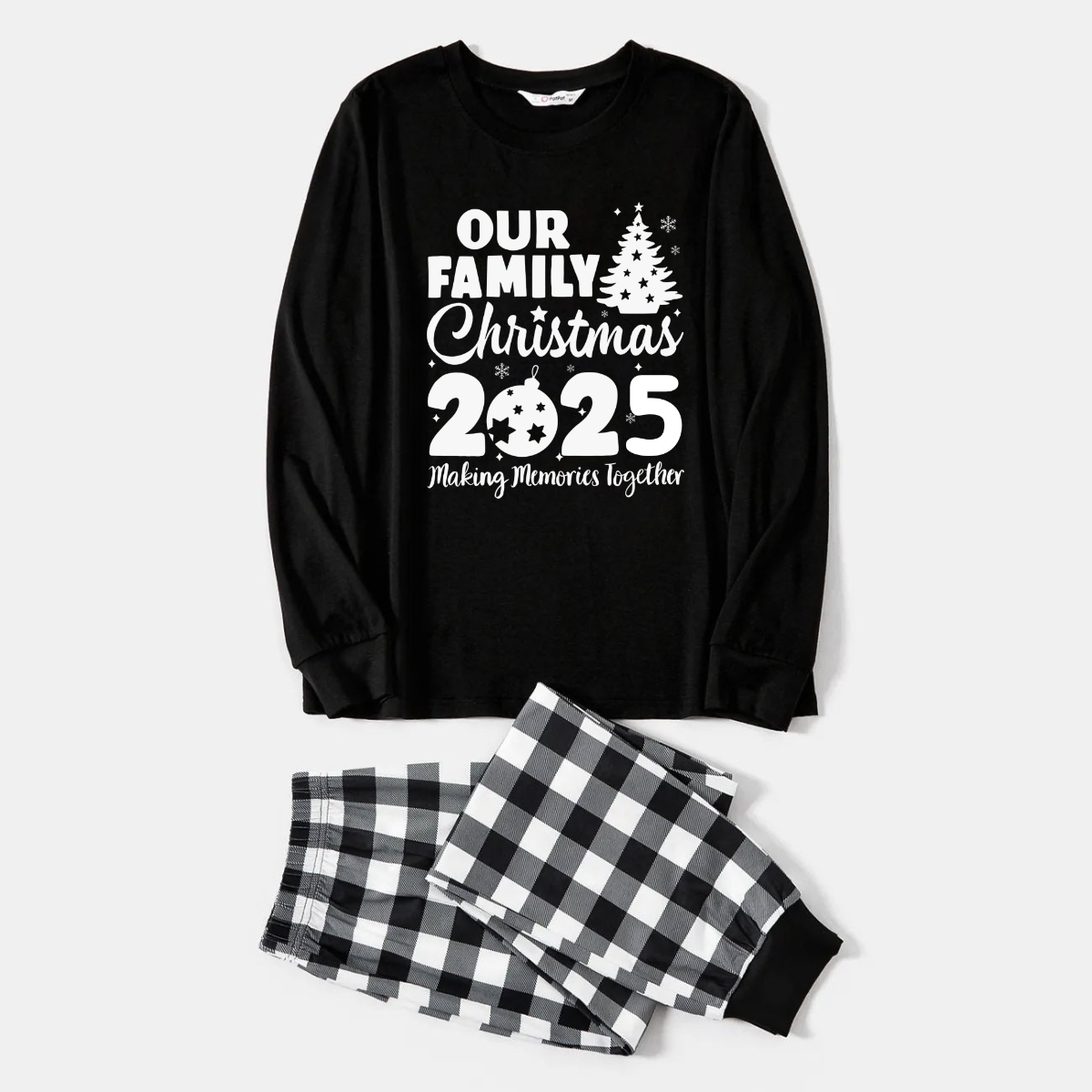 'Our Family Chirstmas 2025 Making Memories Together' Letter Print Black Long Sleeve Top with Black And White Plaid Pants Family Matching Pajamas