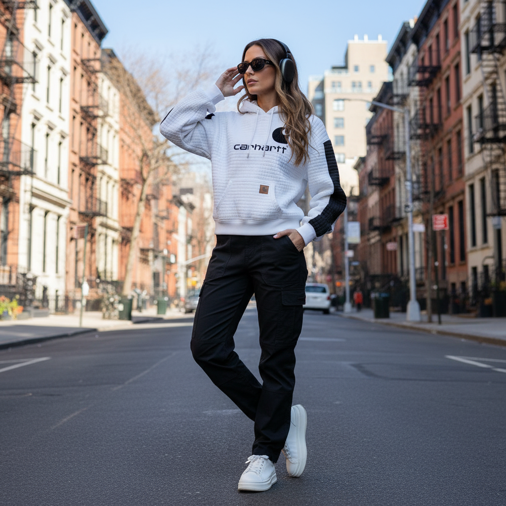 Women's Vintage White And Black Waffle Quilted Plaid Pocket Hoodie