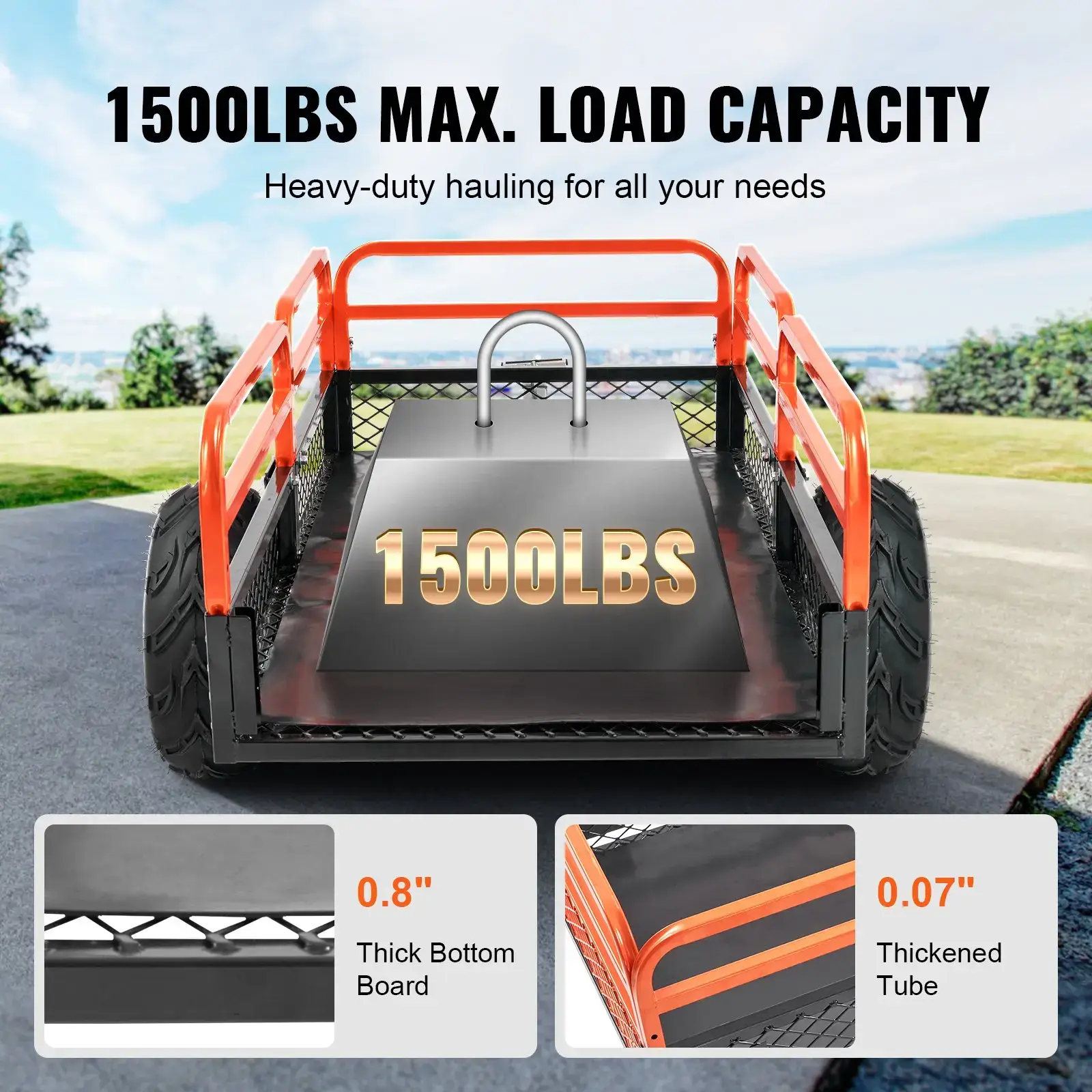 Heavy Duty Steel ATV Dump Trailer 1500-Pound Load Capacity 15 Cubic FeetTow Behind Dump Cart Garden Trailerwith Removable Sides and 2 Tiresfor MowersTractorsATVUTV