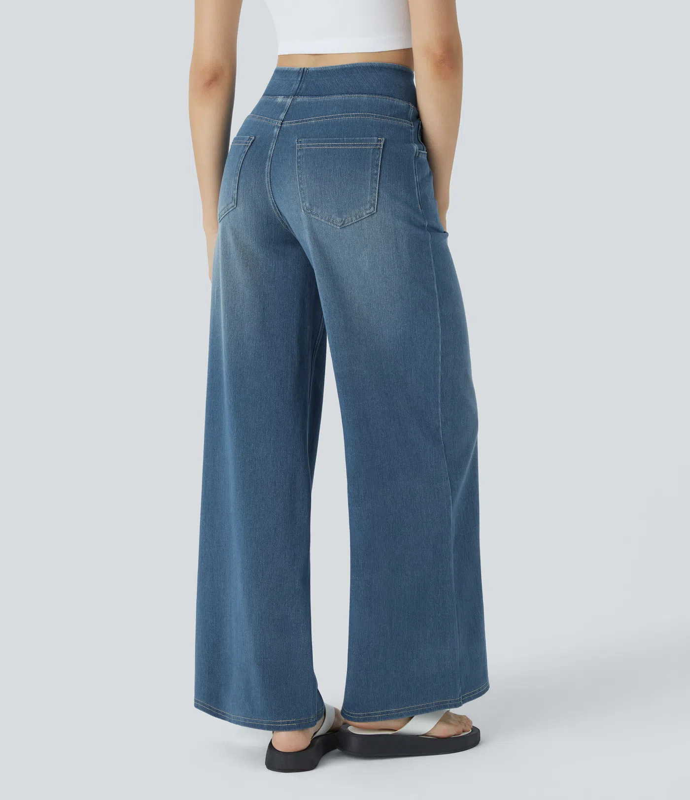 💝Last day promotion⚡High Waisted Multiple Pockets Baggy Wide Leg Washed Stretchy Knit Casual Jeans