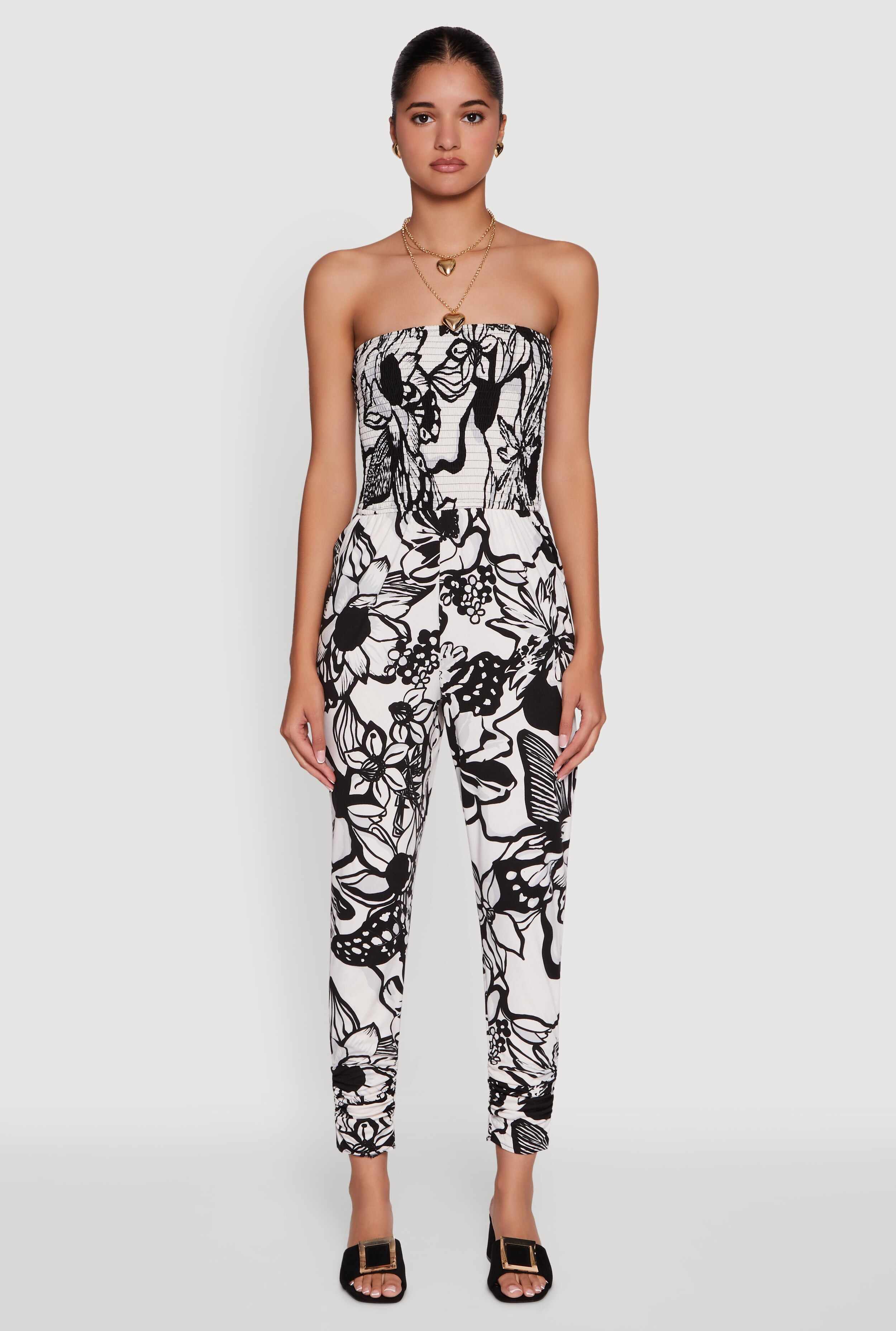 Floral Print Smocked Tube Jumpsuit