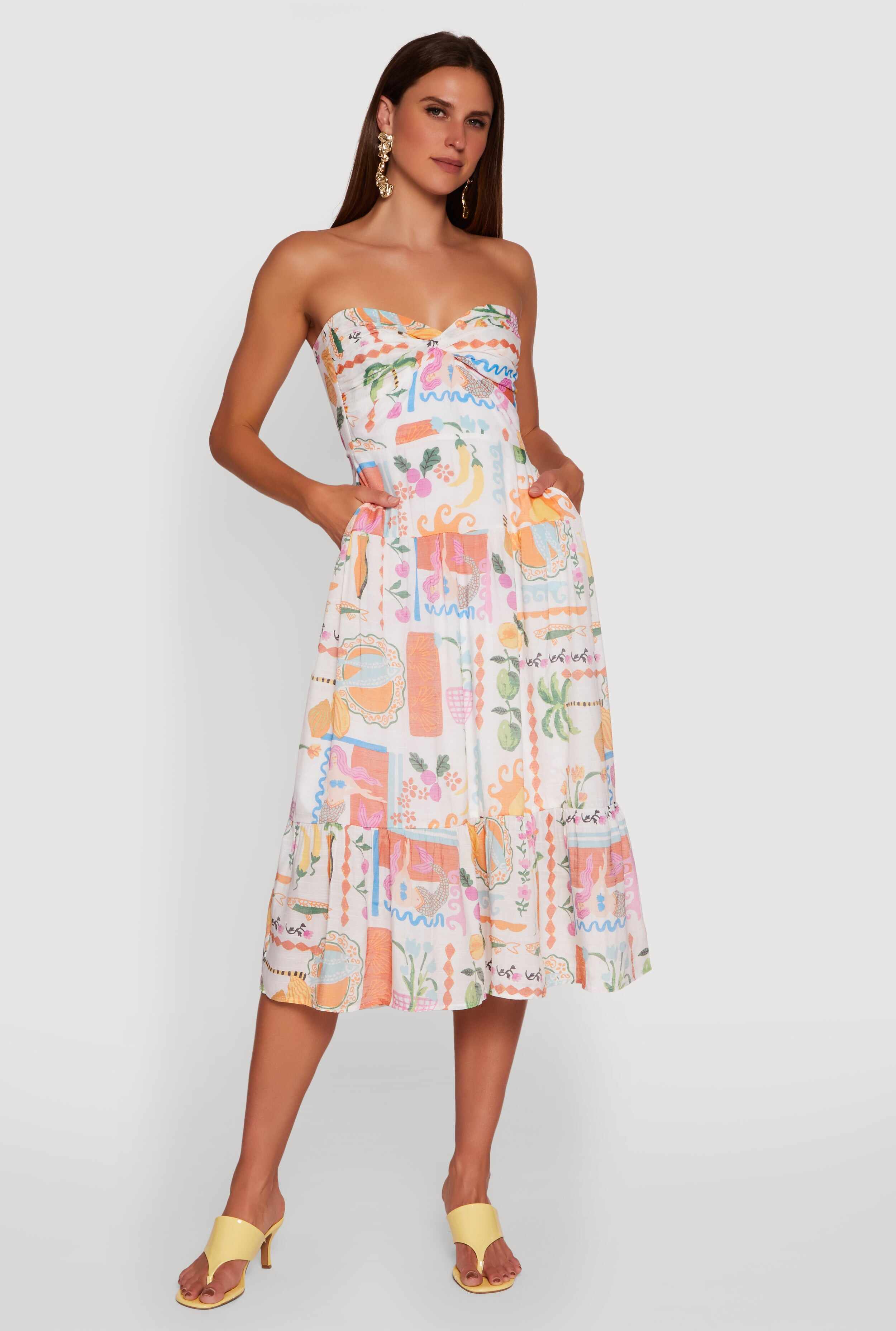 Tropical Print Tiered Twist Front Midi Dress
