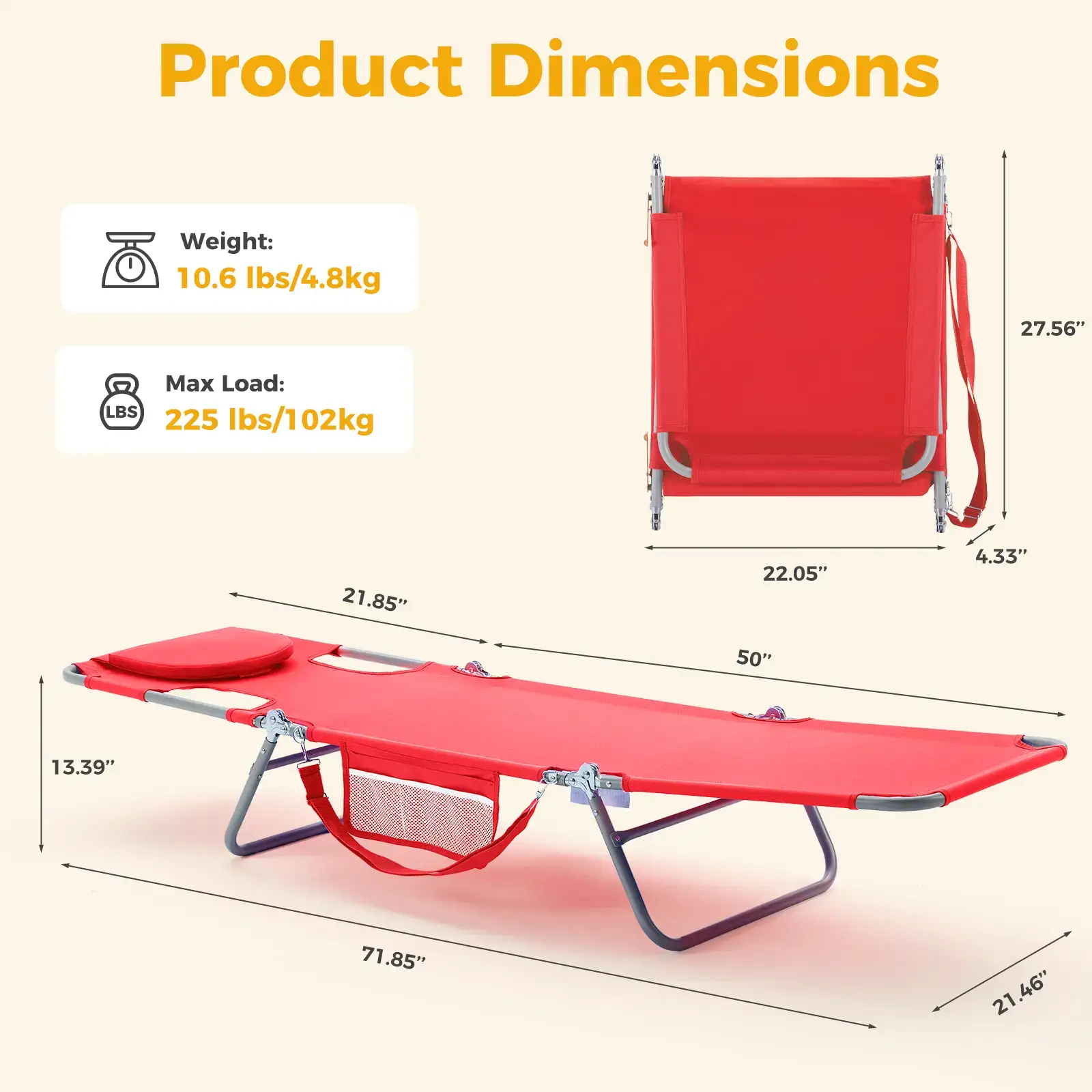 Folding Adjustable Chaise Lounge Chair, Portable Beach Lounge Chair with Backpack Straps & Side Pocket for Outside, Patio, Poolside, Lawn