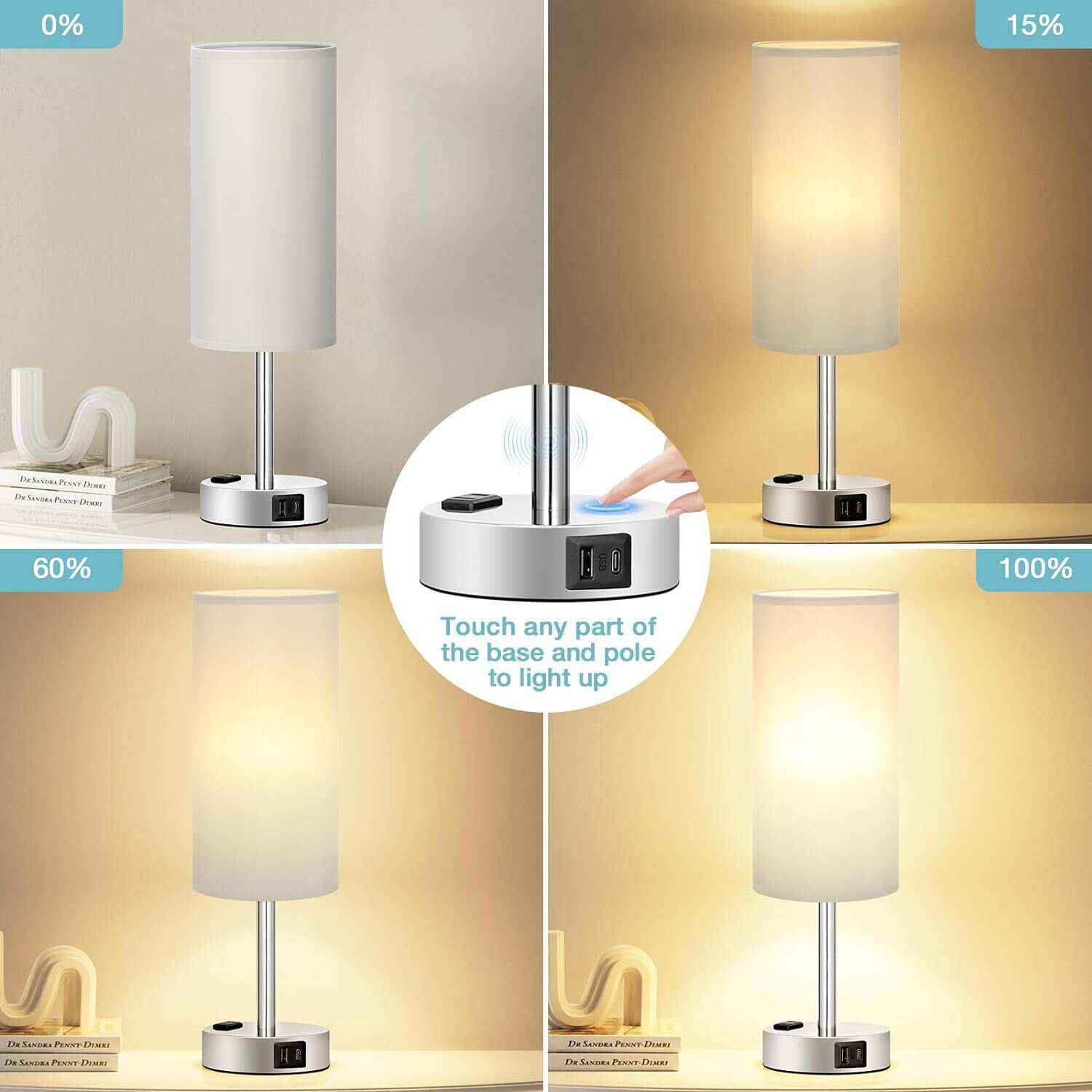 Bedside Table Lamp for Bedroom - 3 Way Dimmable Touch Lamp USB C Charging Ports and AC Outlet, Small Lamp Wood Base Round Flaxen Fabric Shade for Living Room, Desk, LED Bulb Included