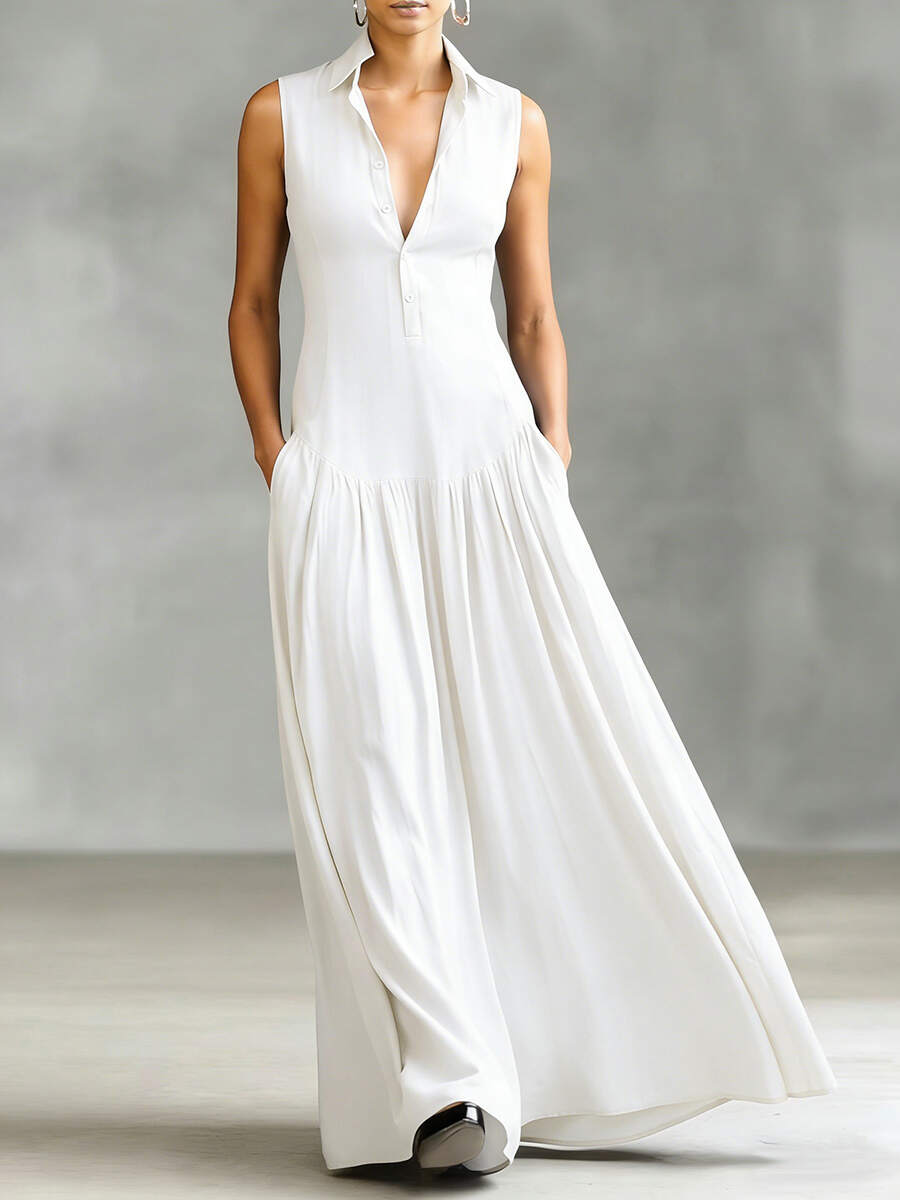 🔥Summer Arrivals🌟Women's Solid Color Lapel Sleeveless Casual Loose Cotton Dress