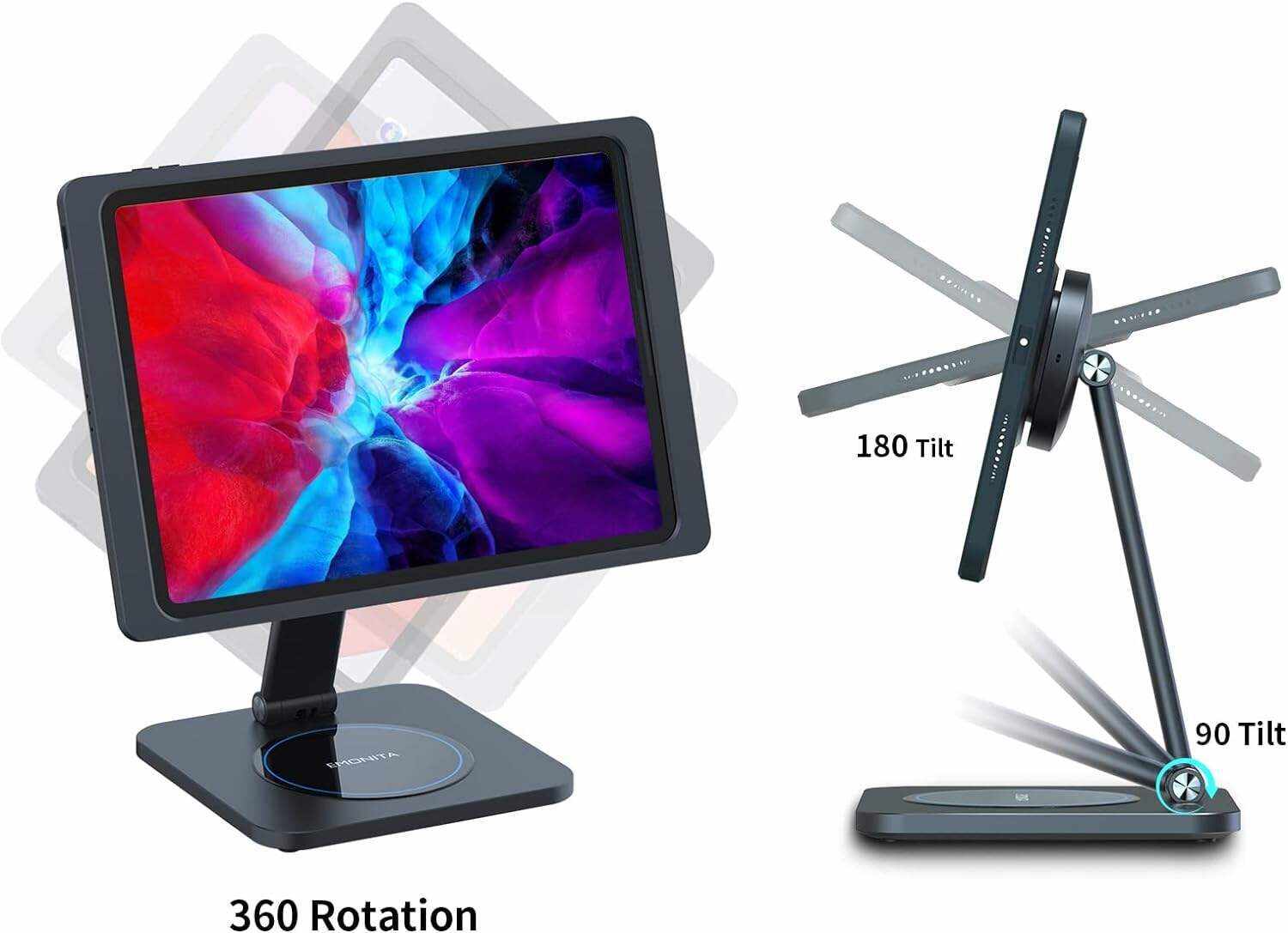 EMONITA Magnetic Stand with Charging Case for 10.2 Inch 7th / 8th / 9th Gen (2021/2020/2019). 18W USB C Fast Charging Cable Included, Foldable L Shape, Strong Magnets, 360 Rotation, 180 Tilt