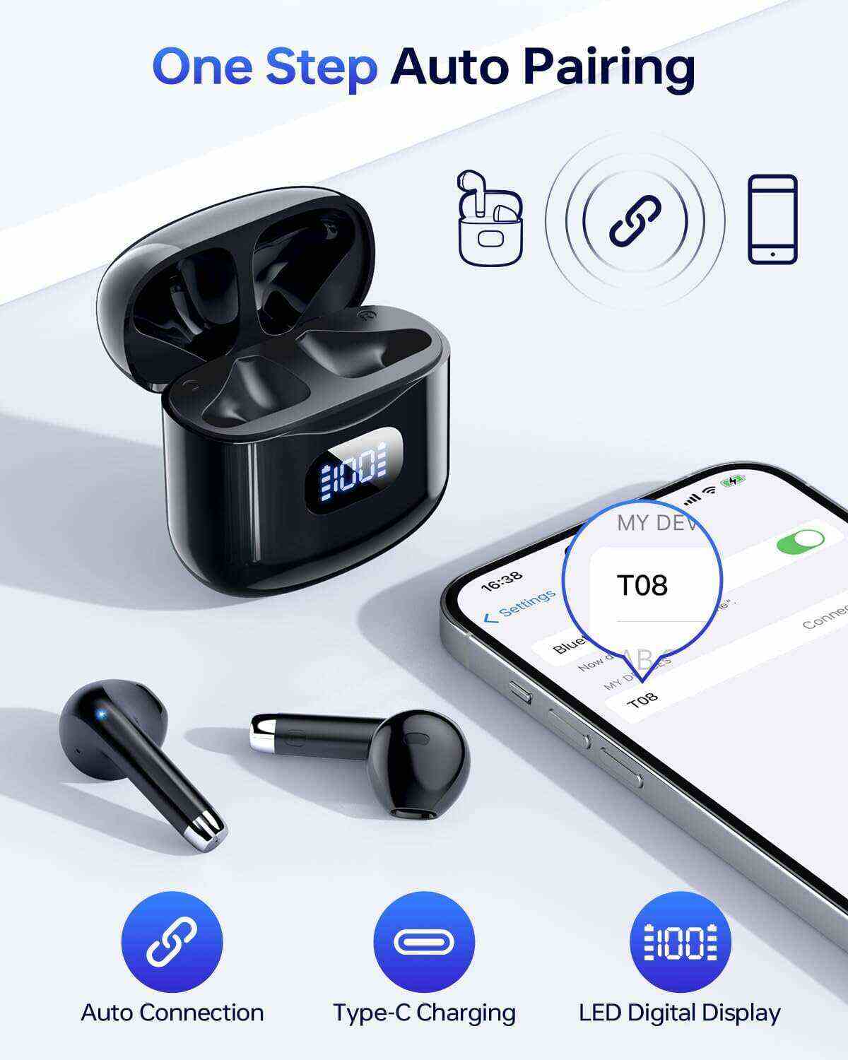 Wireless Earbuds, Bluetooth 5.3 Headphones 40Hrs Playtime with Charging Case, IPX5 Waterproof Stereo in-Ear Earphones with Microphone for iOS Android Cell Phone Sports Workout, Black