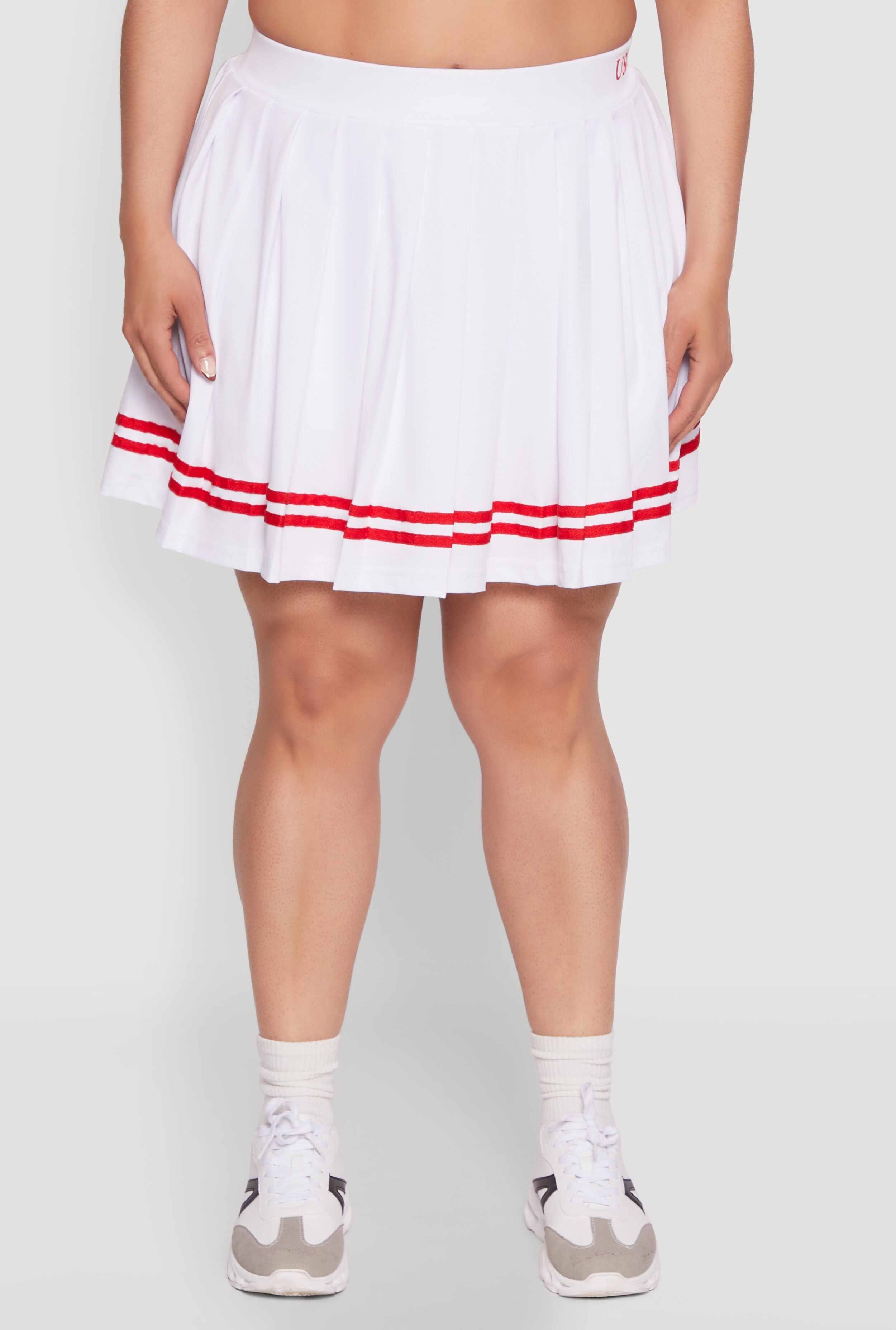 Plus Size Trendy High Waisted Graphic Pleated Varsity Stripe Skirt