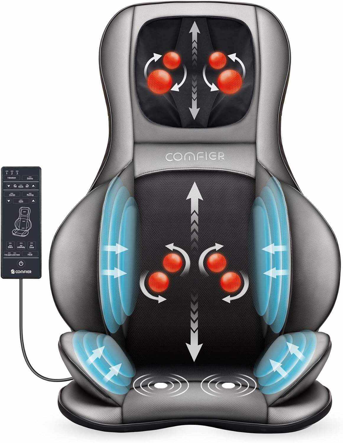 COMFIER Shiatsu Neck Back Massager with Heat and Compression, App Control 2D or 3D Deep Tissue Kneading Massage Chair Pad, Chair Massager for Full Body Pain Relief, Ideal Gifts,Grey