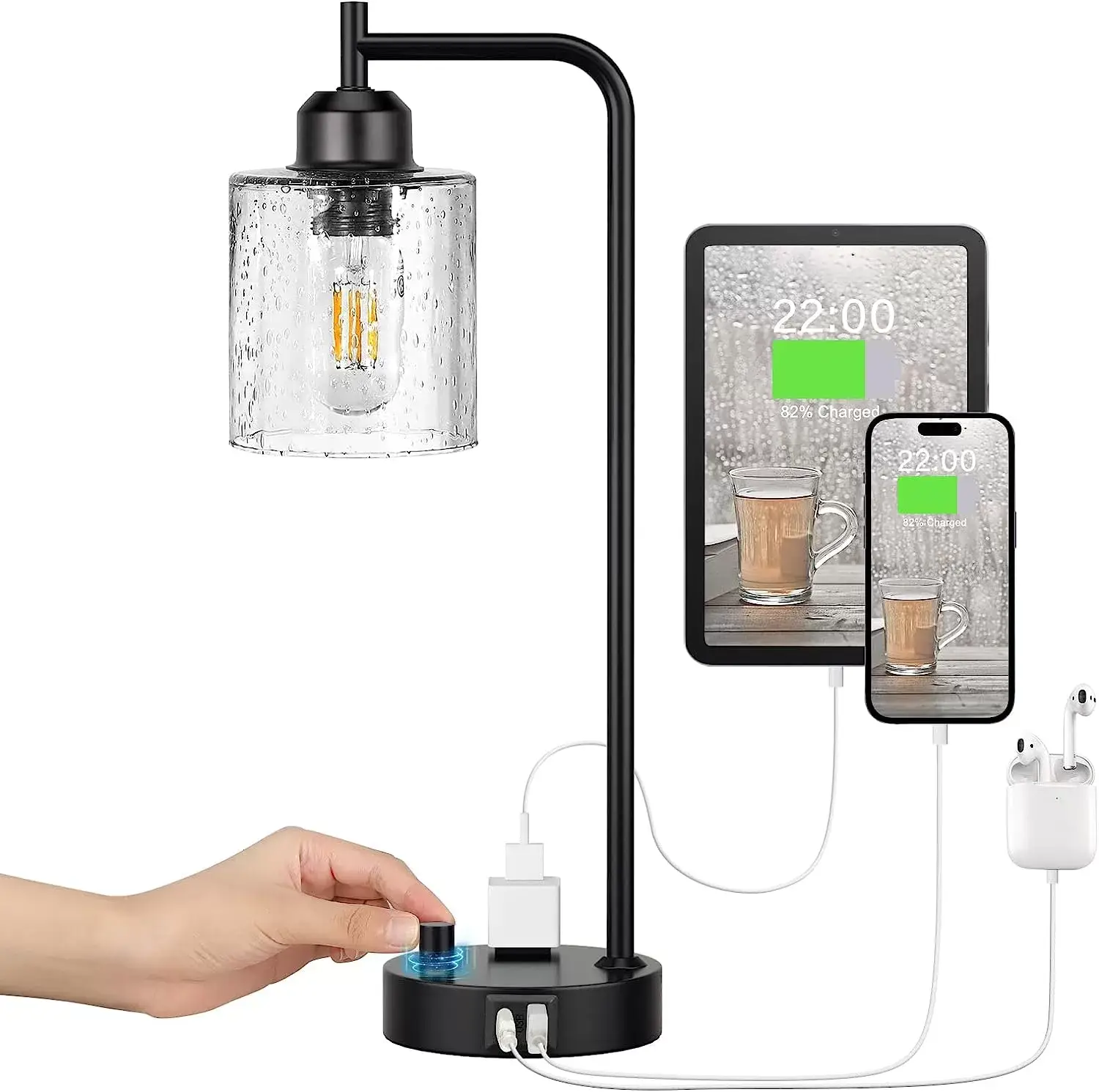 Industrial Bedside Table Lamp for Bedroom - Nightstand Lamps with USB C Charging Port, Fully Dimmable Black Lamps with USB Ports and Outlets, Small Desk Lamp with Glass Shade for Office Living Room