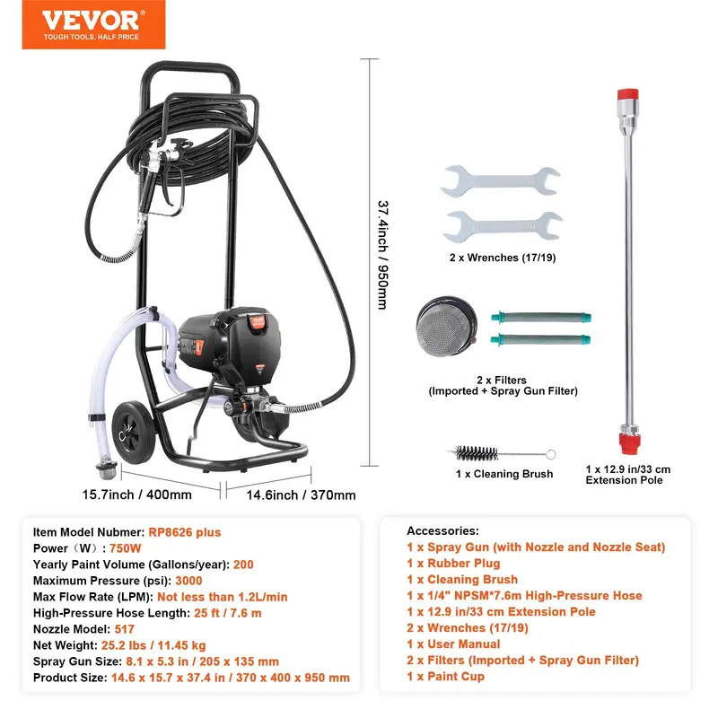 3000PSI High Pressure Airless Paint Sprayer, 750W Handheld Painting Machine with Hose, Stand Type Paint Gun for Interior Exterior Wall Furniture Fences