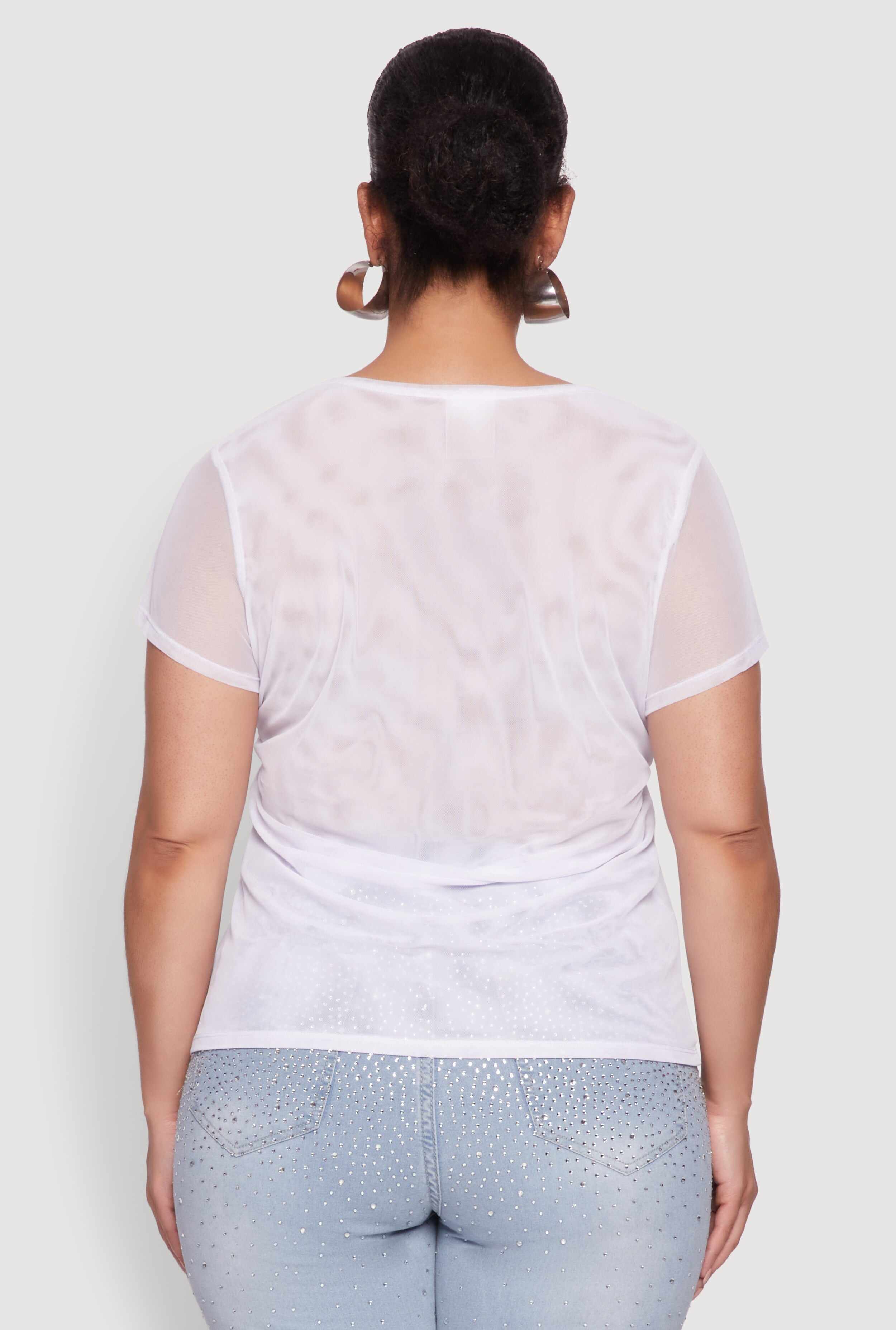 Plus Size Rhinestone Bow Graphic Mesh Top
