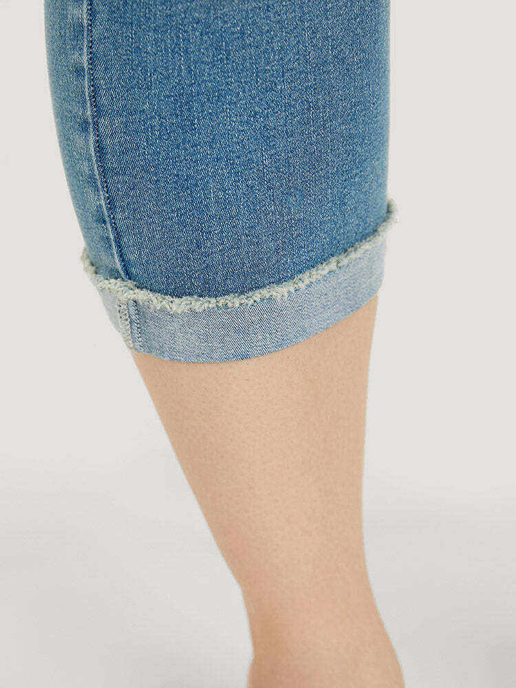 Very Stretchy High Rise Medium Wash Roll Hem Cropped Jeans