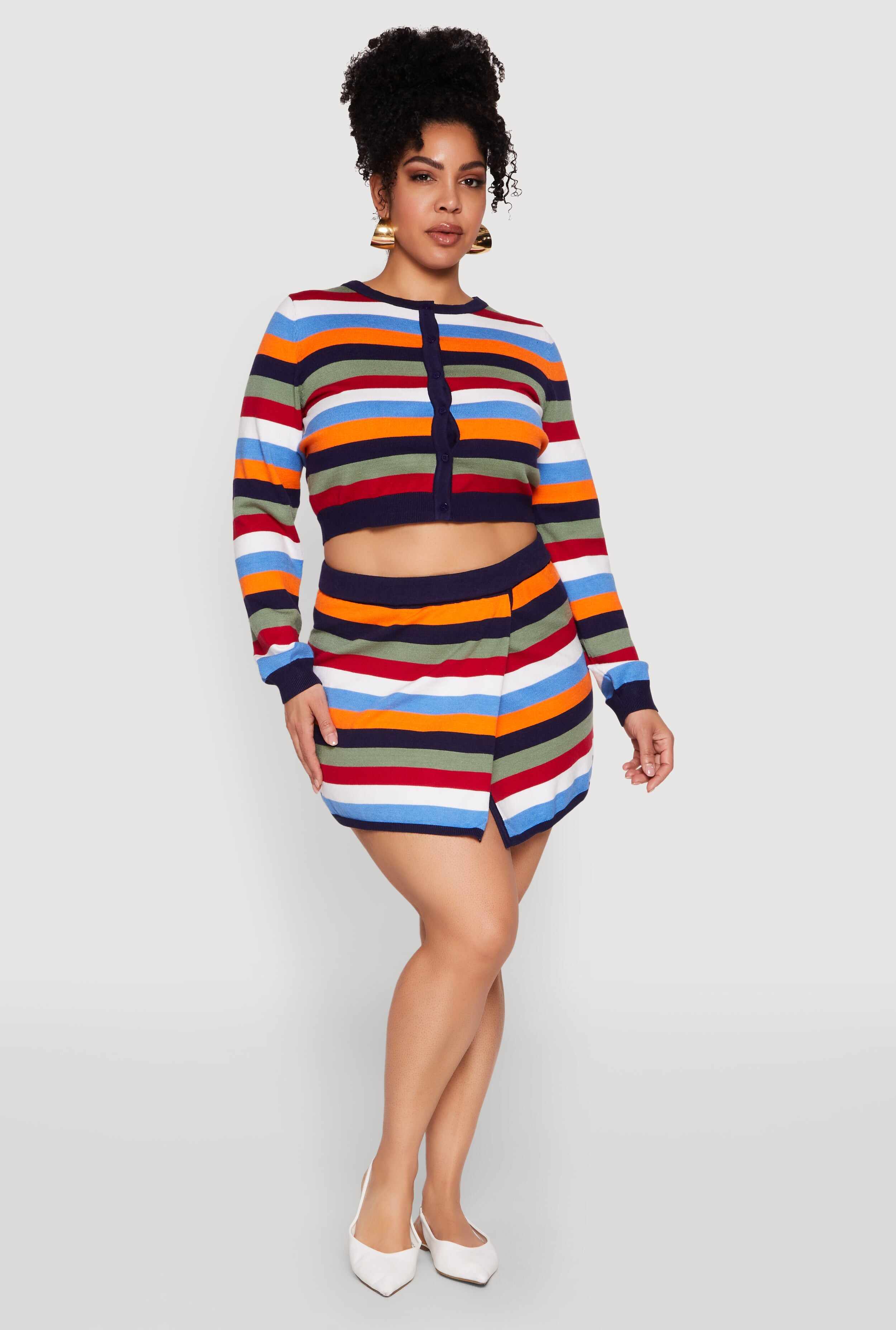 Plus Size Daisy Striped Knit Asymmetrical Mini Skirt