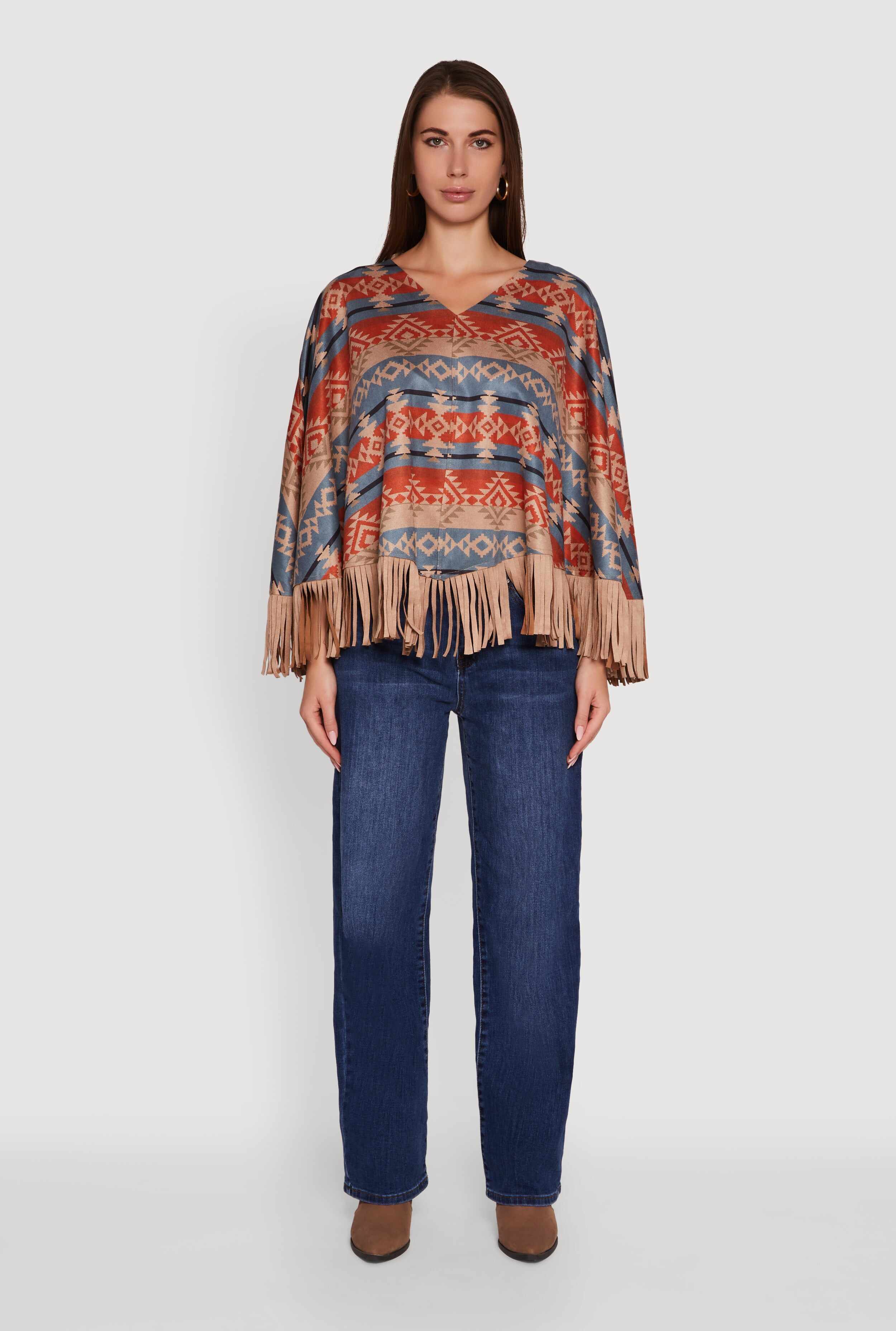 Faux Suede Aztec Print Fringe Poncho