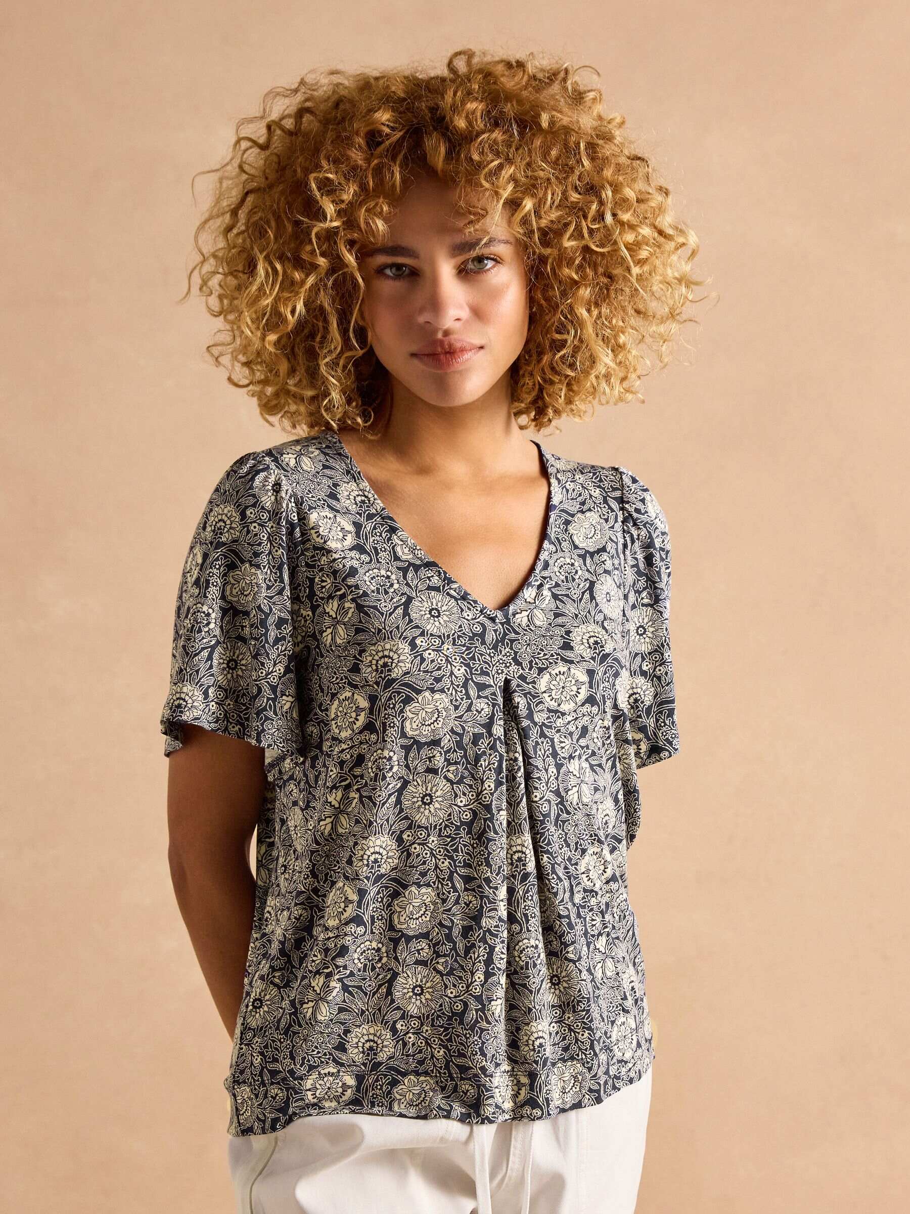 Nia Navy Pleat Front Jersey Top