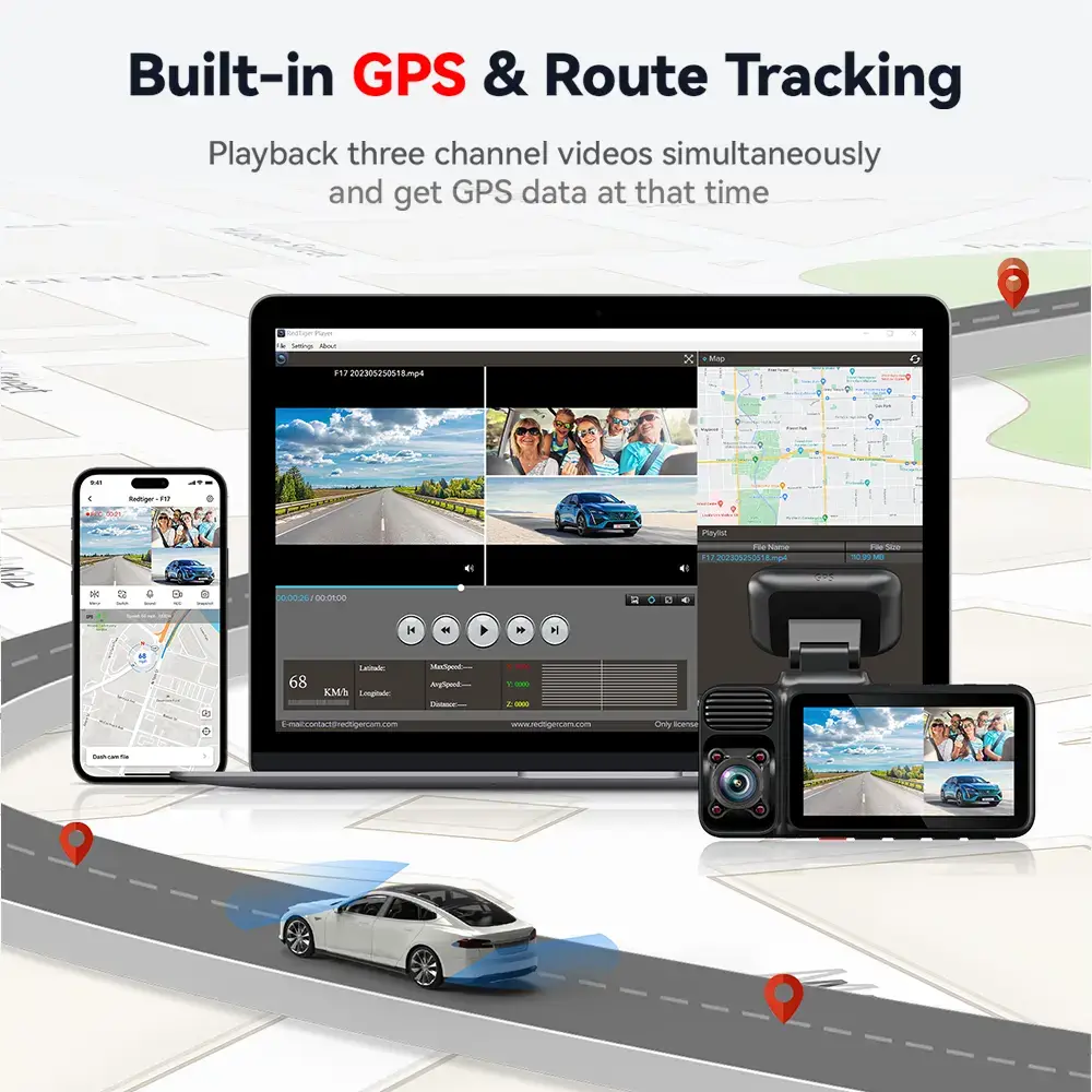 F17 4K 3-Channel Dash Cam with 5GHz WiFi GPS, 64GB Card, 2160P+1080P+1080P Cameras, IR Night Vision, Parking Mode, Car rvibes, Car VLOG, Summervibes