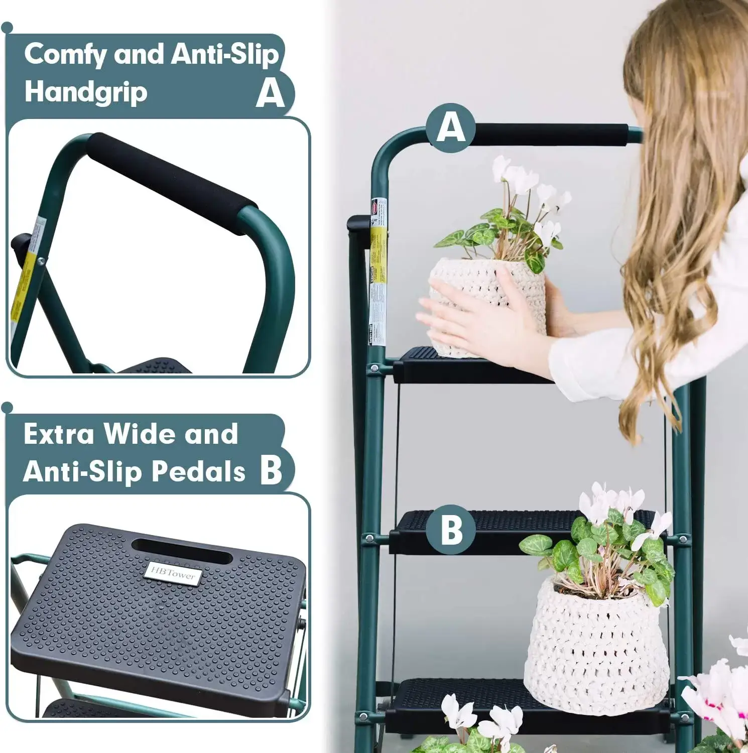 4 Step Ladder, HBTower Folding Step Stool with Tool Platform, Wide Anti-Slip Pedal, Sturdy Steel Ladder, Convenient Handgrip, Lightweight 330lbs Portable Steel Step Stool, Black